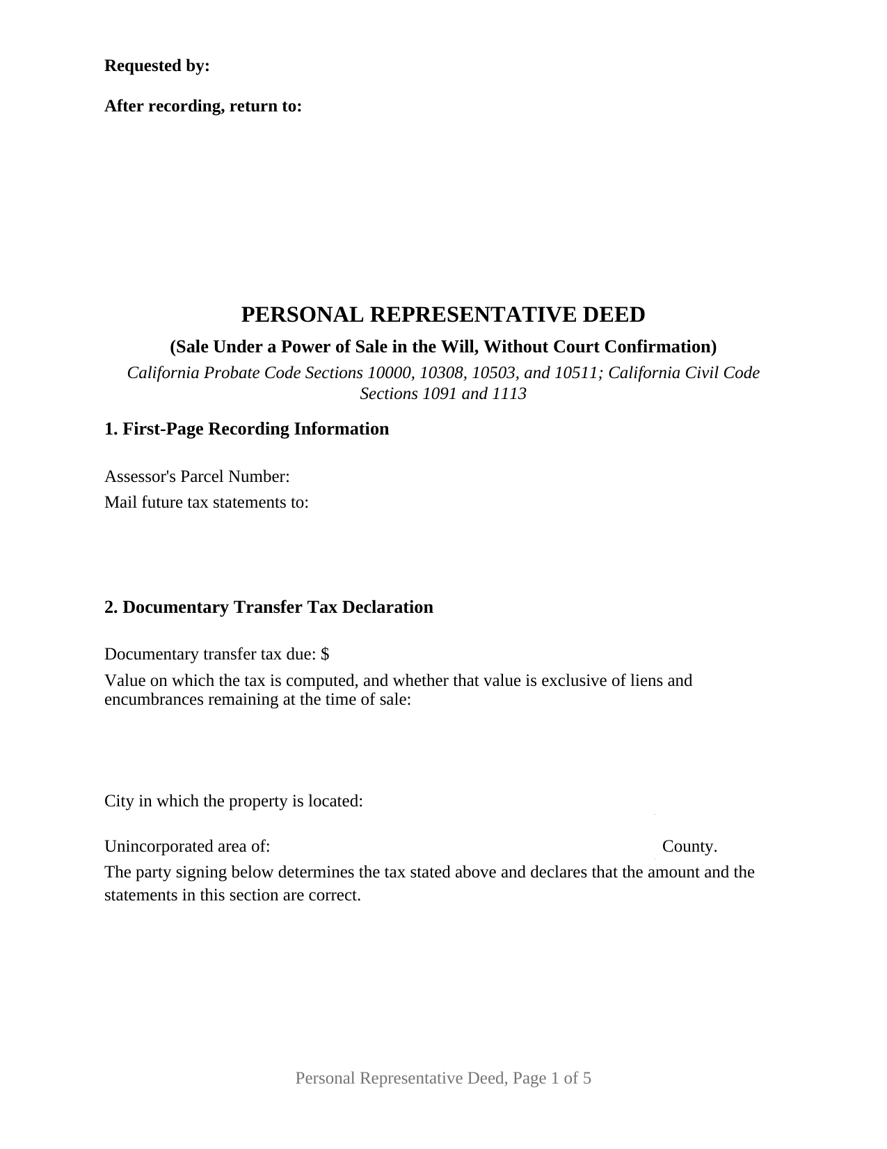 Trinity County Personal Representative Deed (Power of Sale) Form