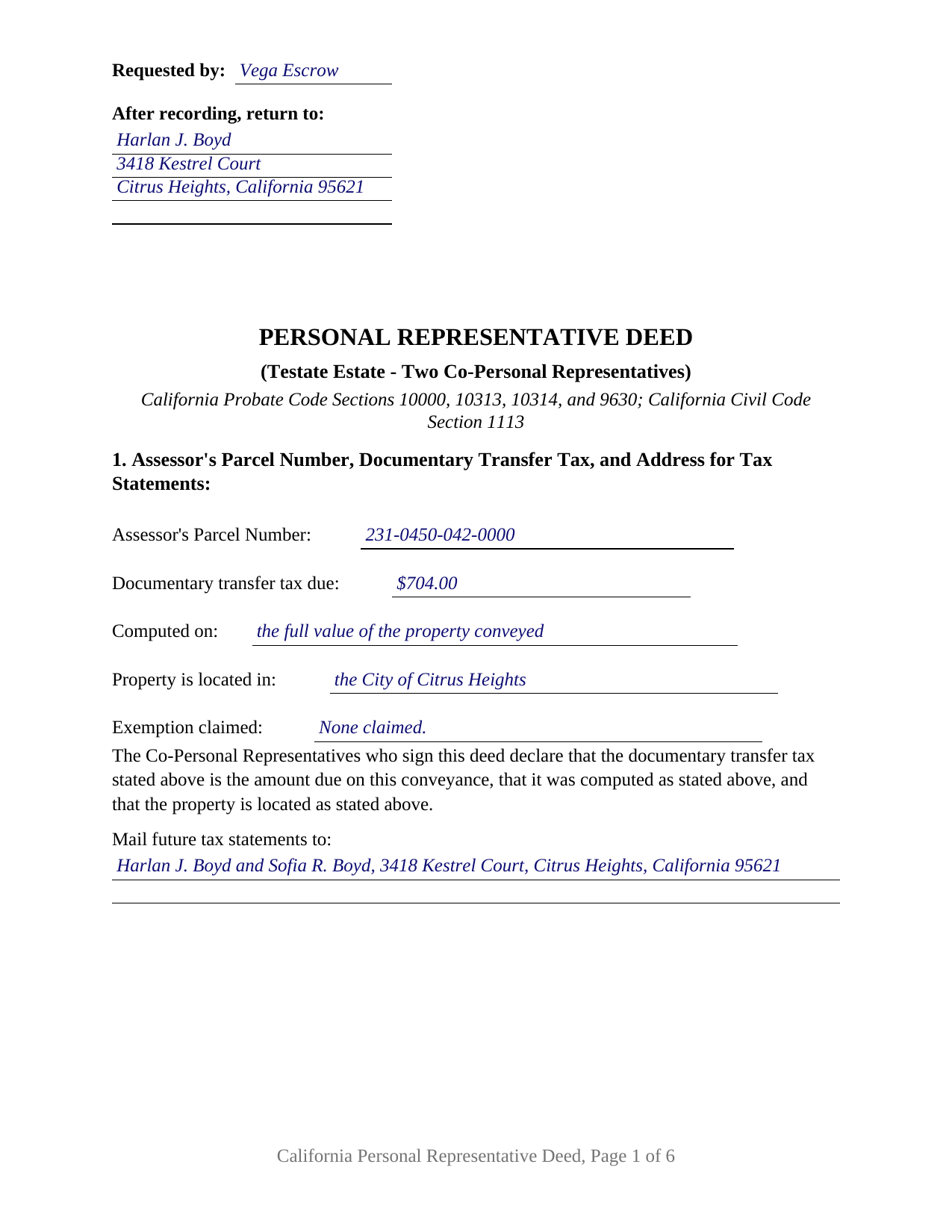 Glenn County Completed Example of the Personal Representative Deed (Testate Estate - Two Co-Representatives) Document
