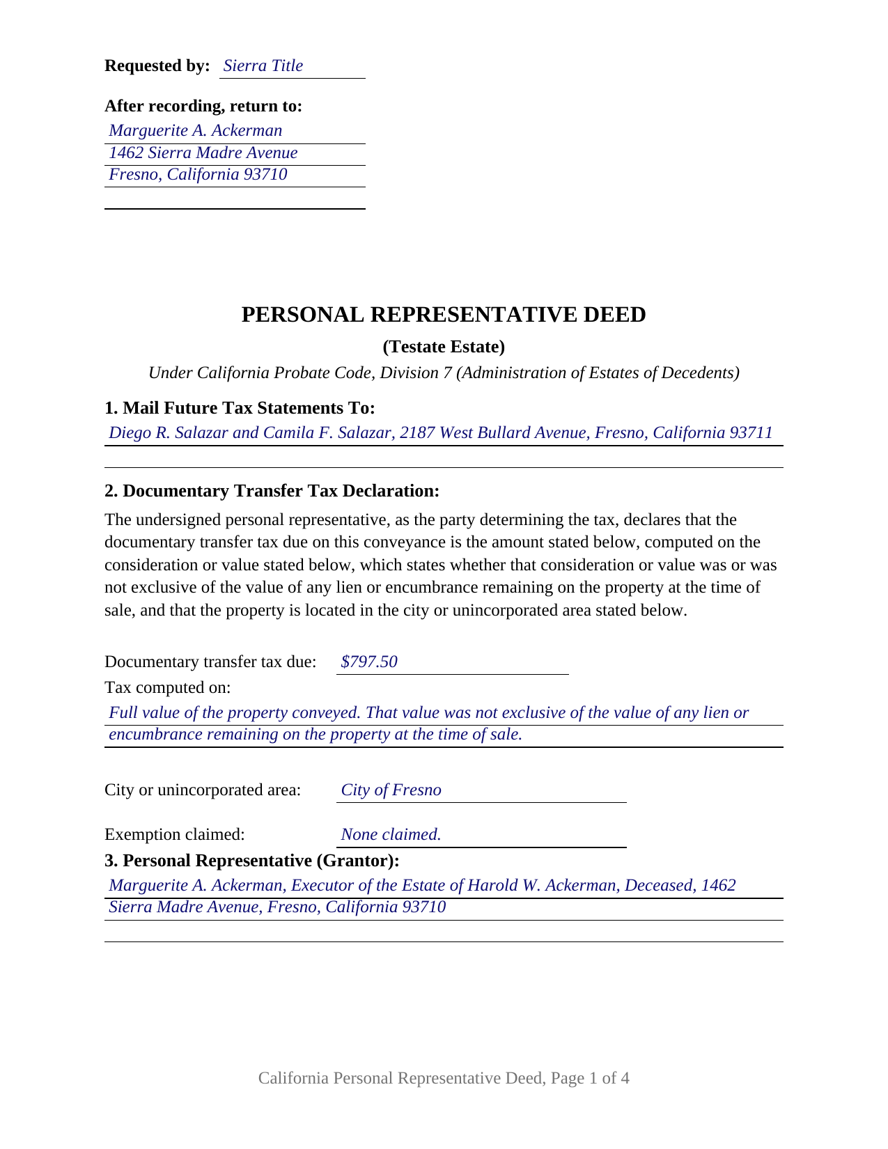 Colusa County Completed Example of the Personal Representative Deed (Testate Estate) Document