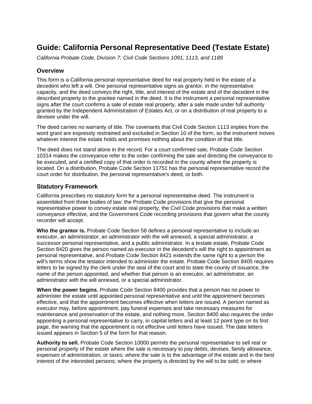 Colusa County Personal Representative Deed (Testate Estate) Guide