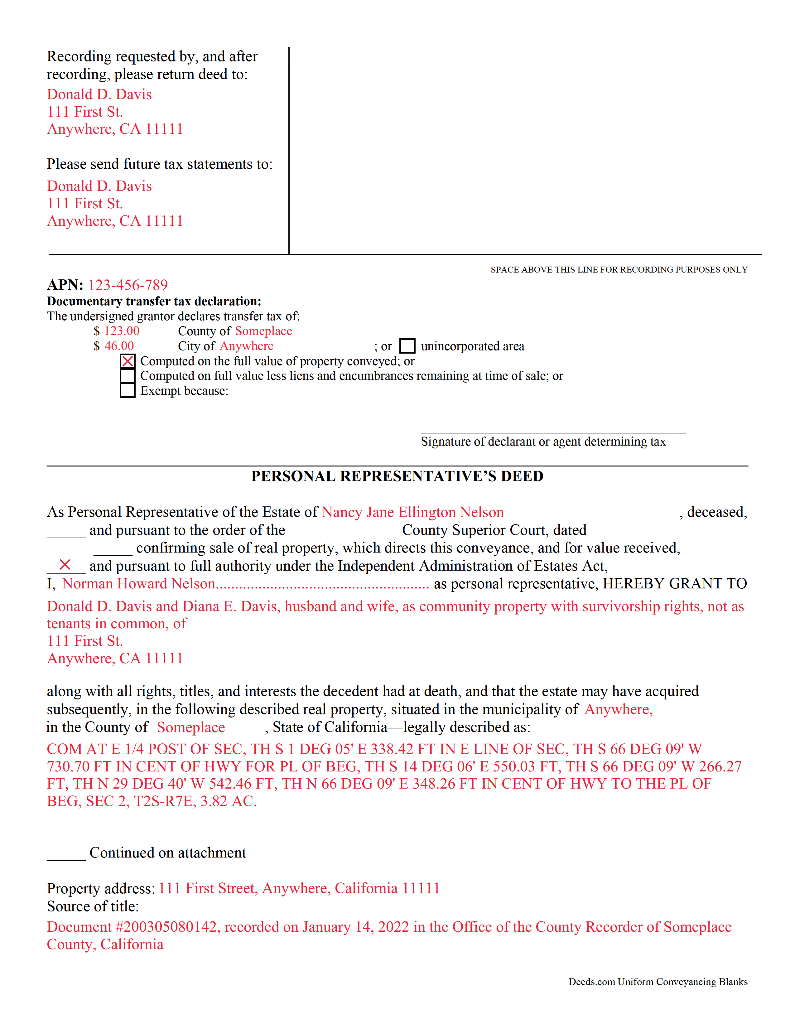 Completed Example of the Personal Representative Deed Document
