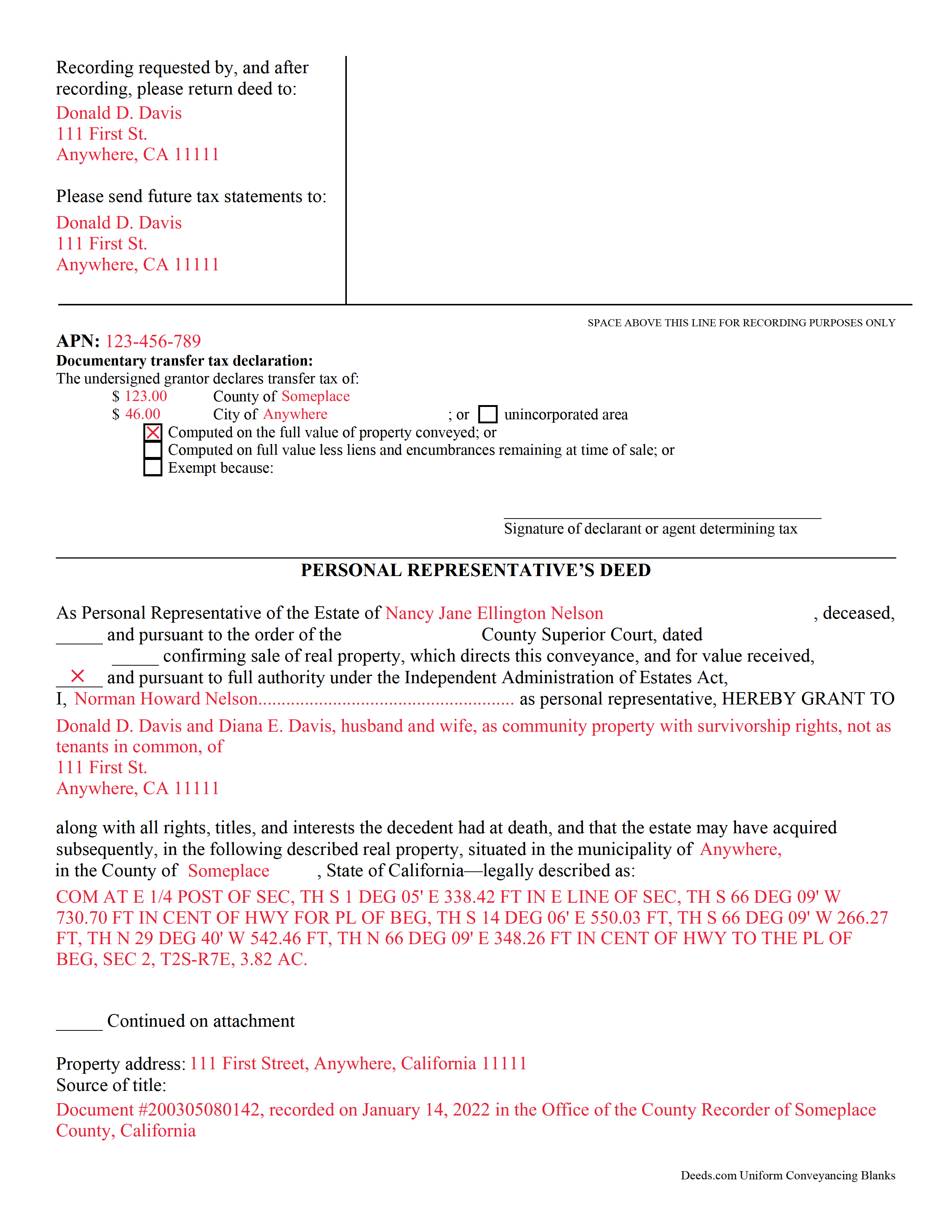Mariposa County Personal Representative Deed Form | California | Deeds.com