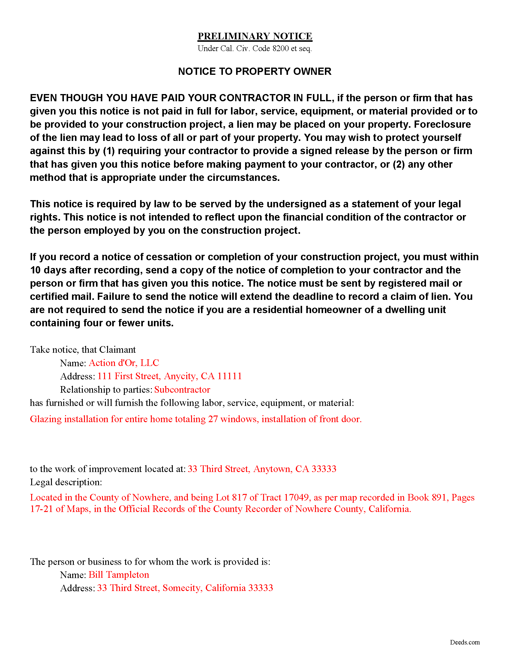El Dorado County Preliminary Notice Form California
