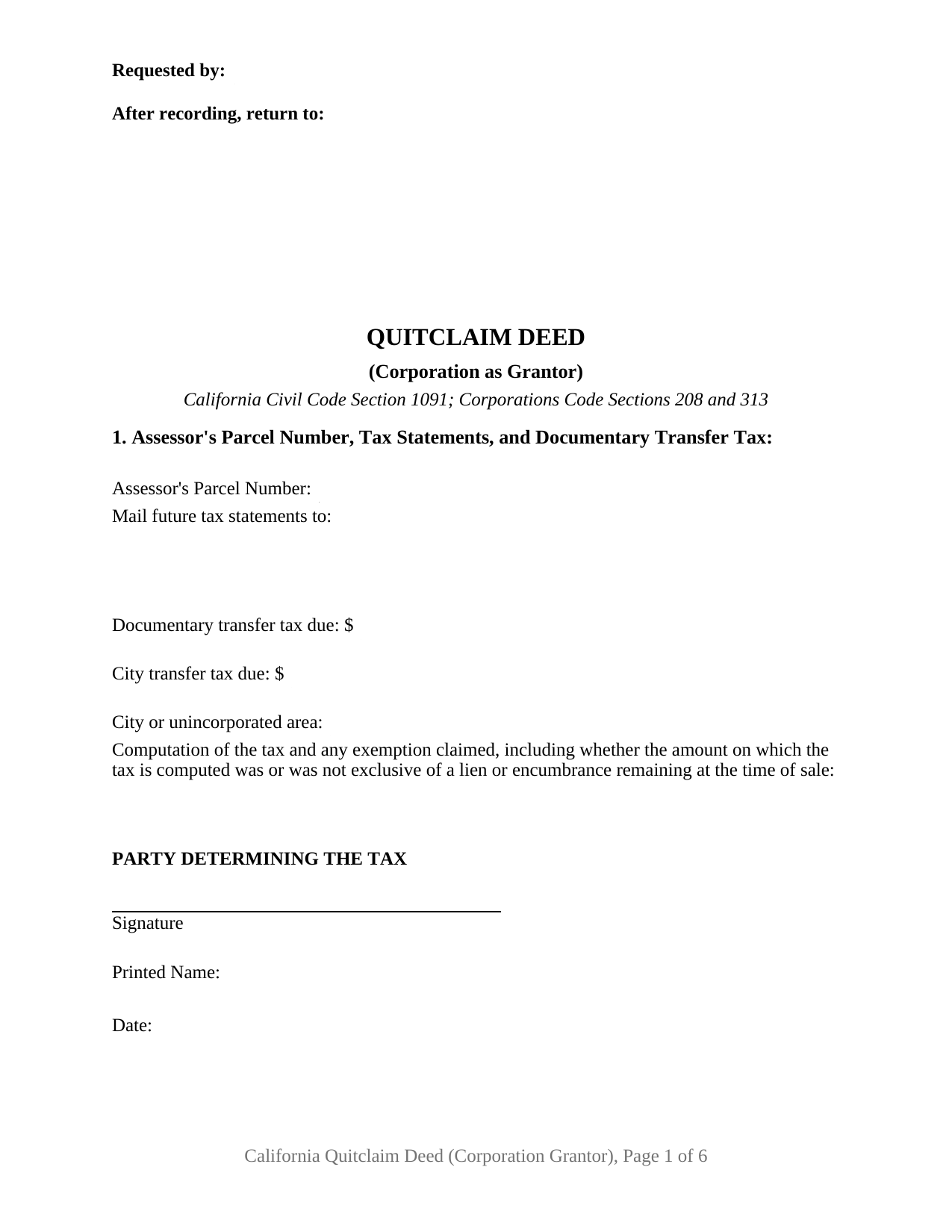 Tulare County Quitclaim Deed (Corporation Grantor) Form