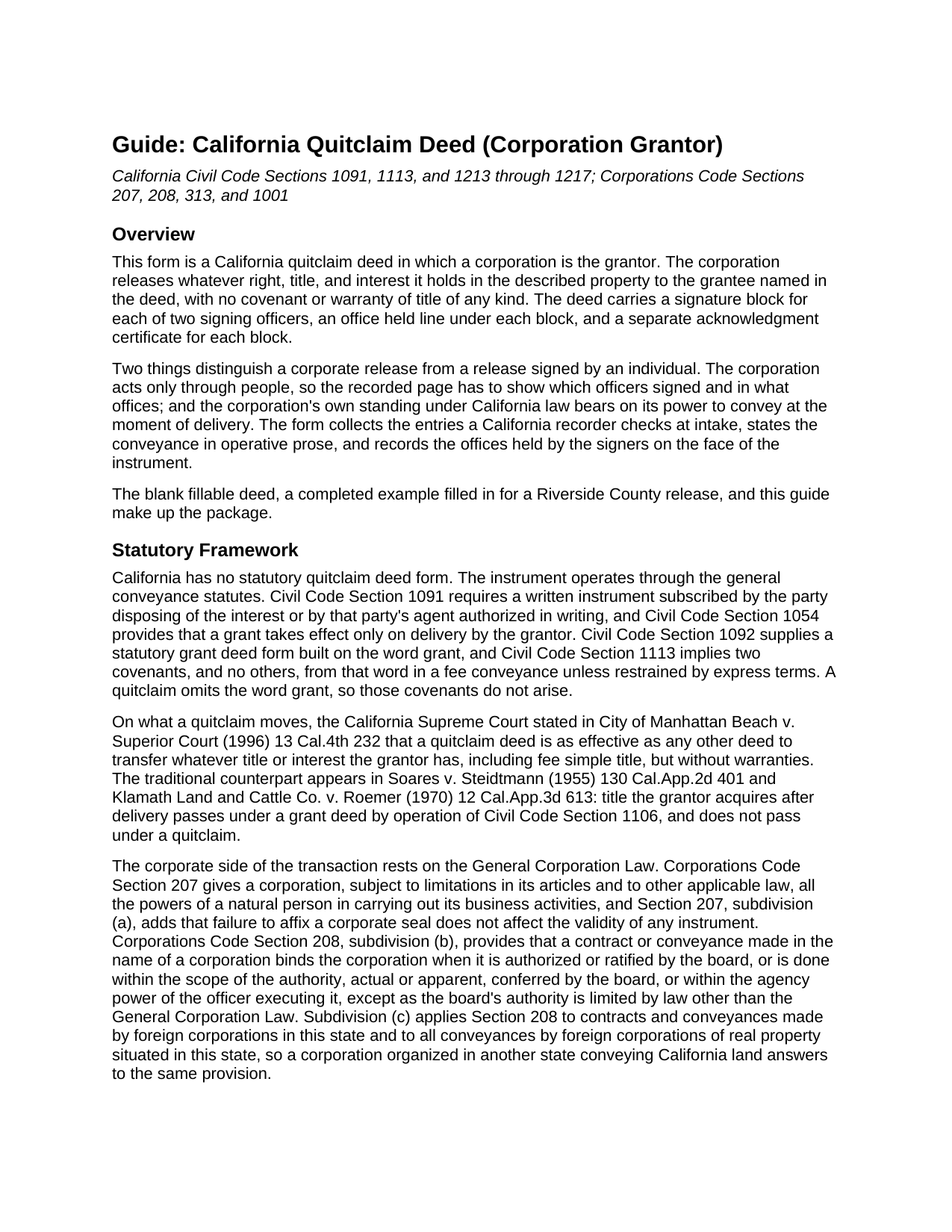 Tulare County Quitclaim Deed (Corporation Grantor) Guide