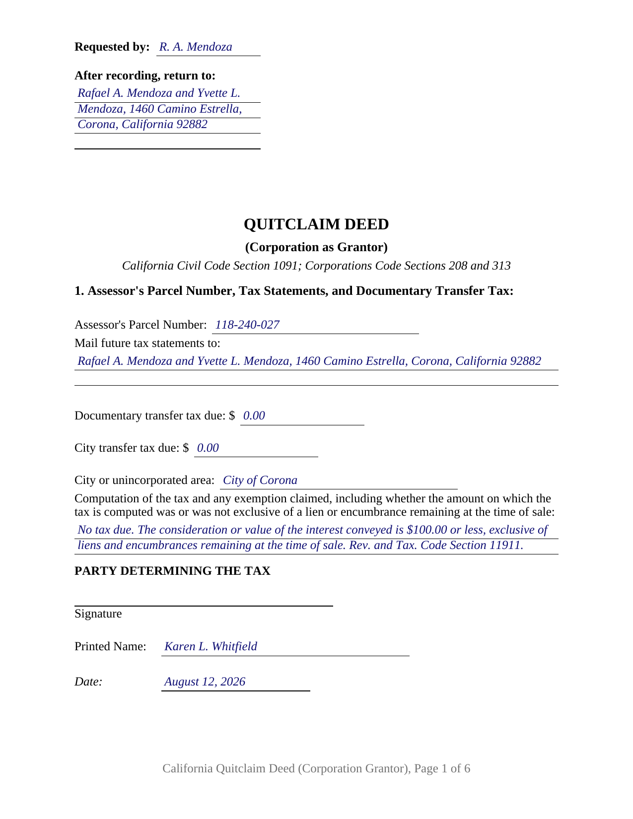 Tulare County Completed Example of the Quitclaim Deed (Corporation Grantor) Document