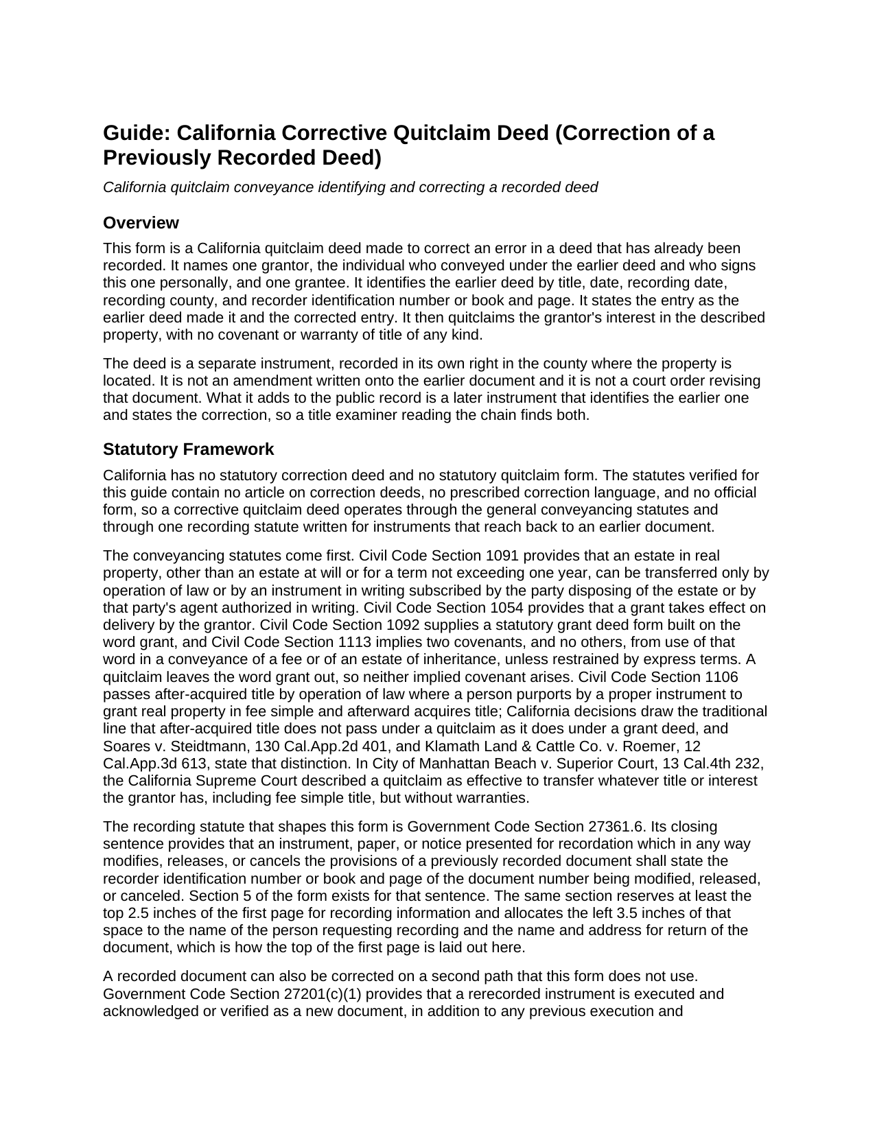 Butte County Quitclaim Deed (Corrective) Guide