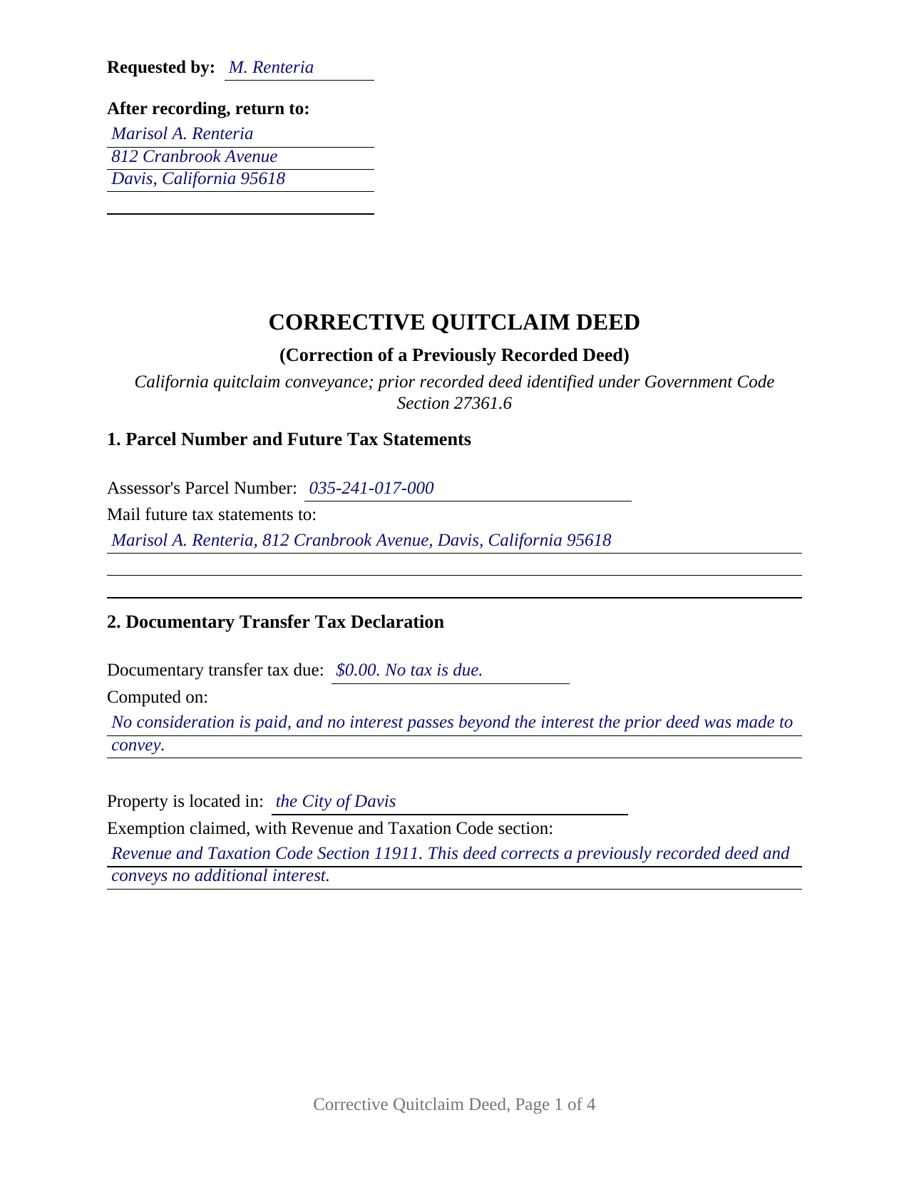 Butte County Completed Example of the Quitclaim Deed (Corrective) Document