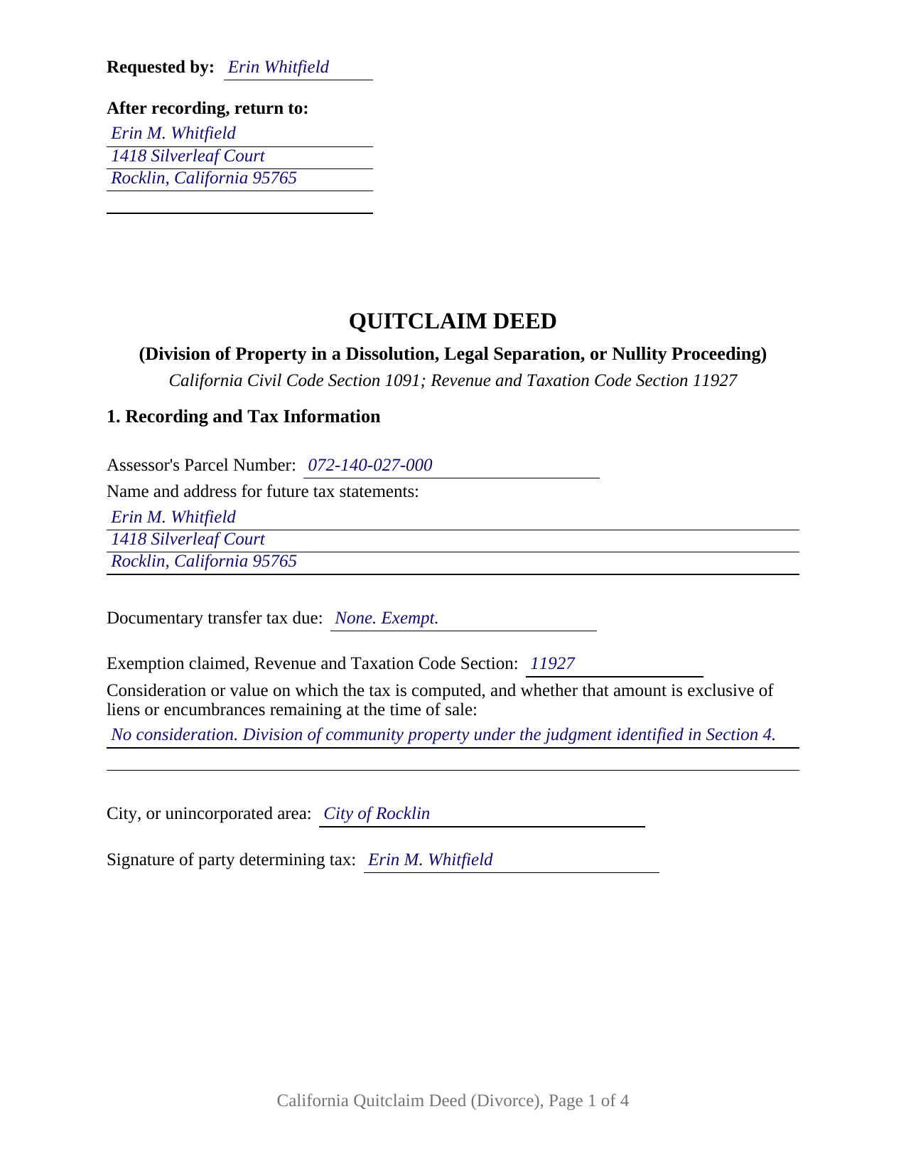 Del Norte County Completed Example of the Quitclaim Deed (Divorce) Document