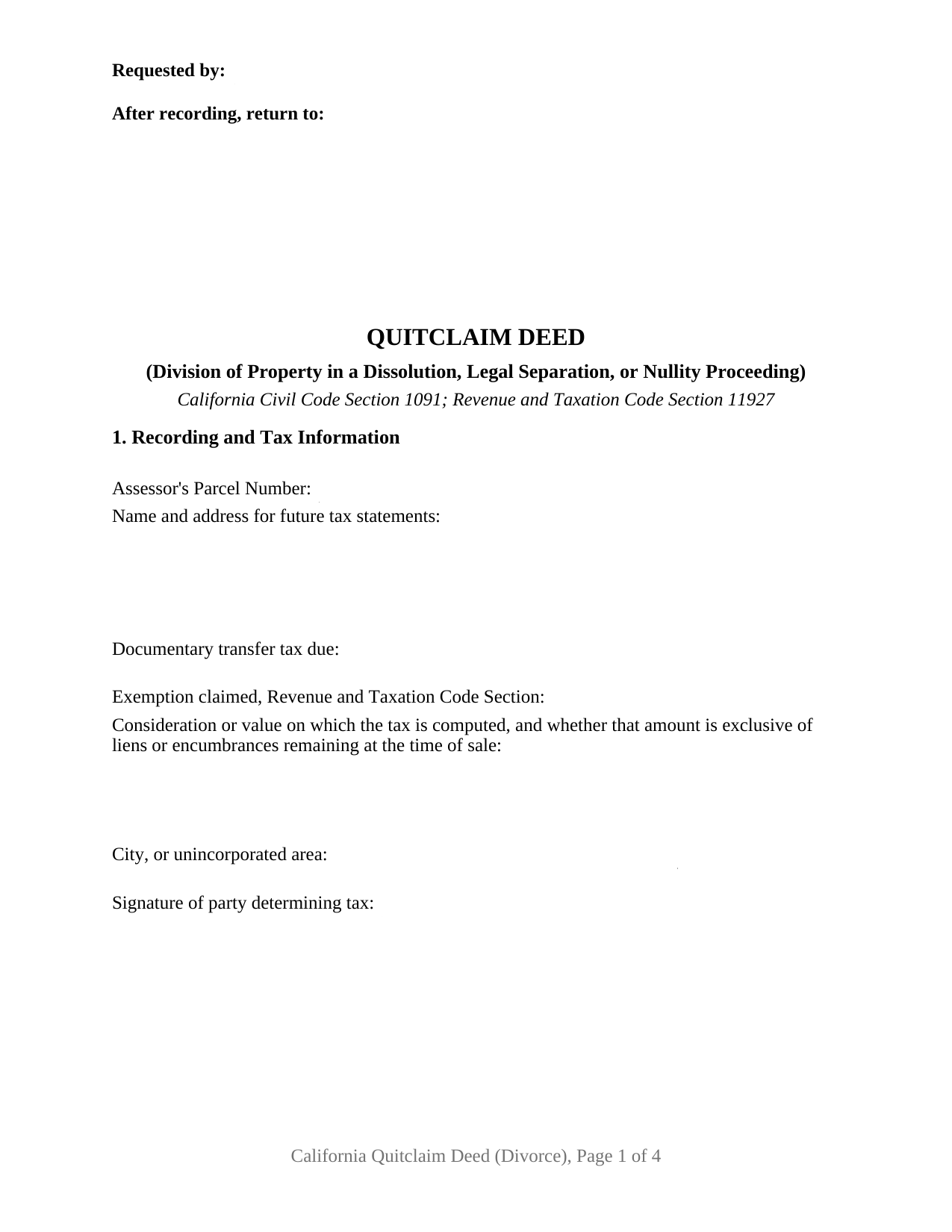 Del Norte County Quitclaim Deed (Divorce) Form