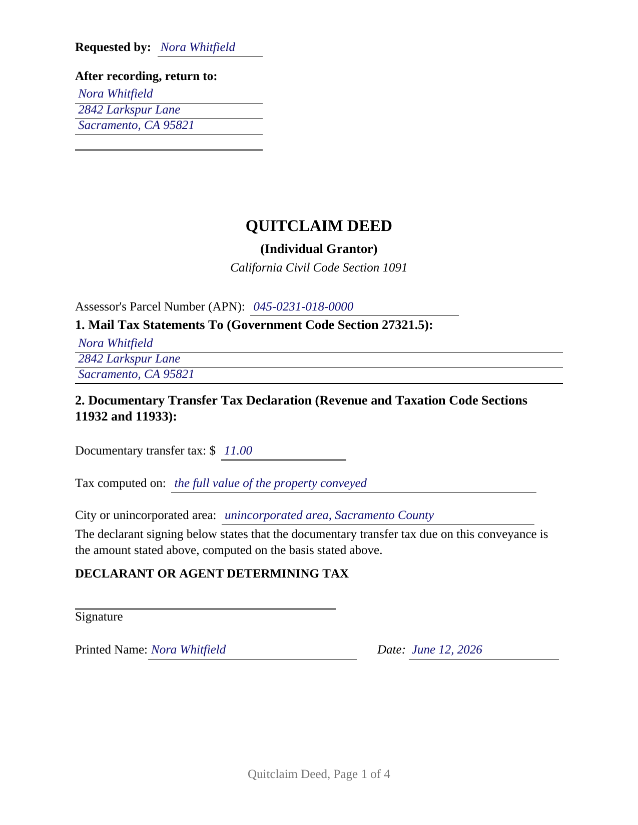 Del Norte County Completed Example of the Quitclaim Deed (Individual Grantor) Document