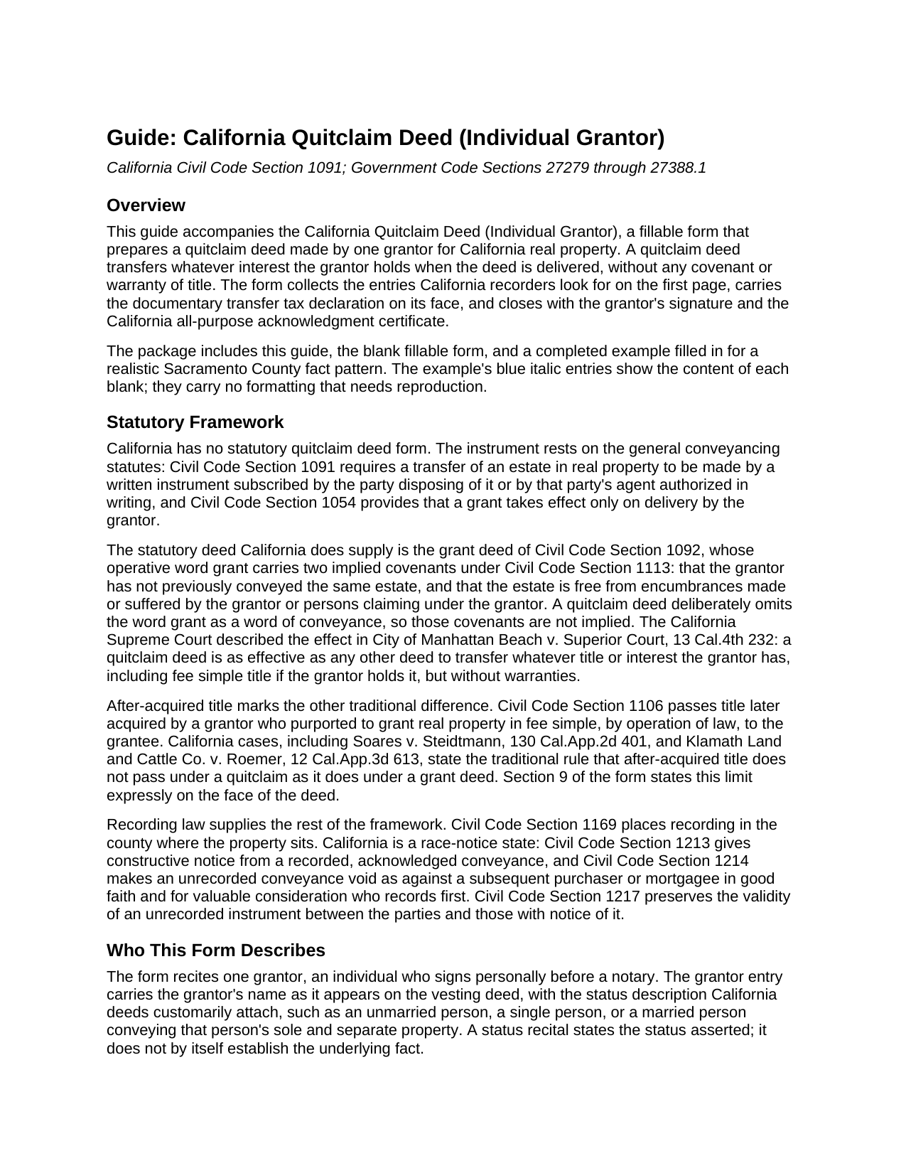 Del Norte County Quitclaim Deed (Individual Grantor) Guide
