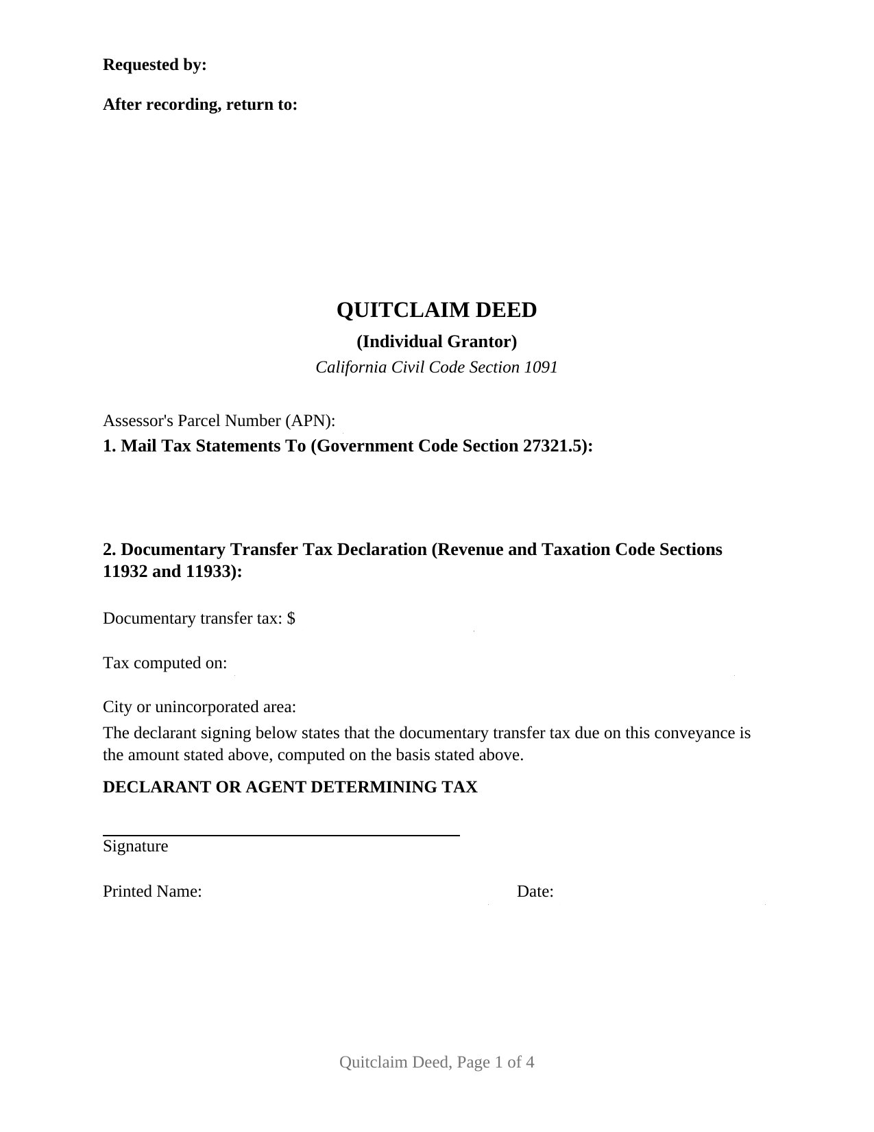 Del Norte County Quitclaim Deed (Individual Grantor) Form
