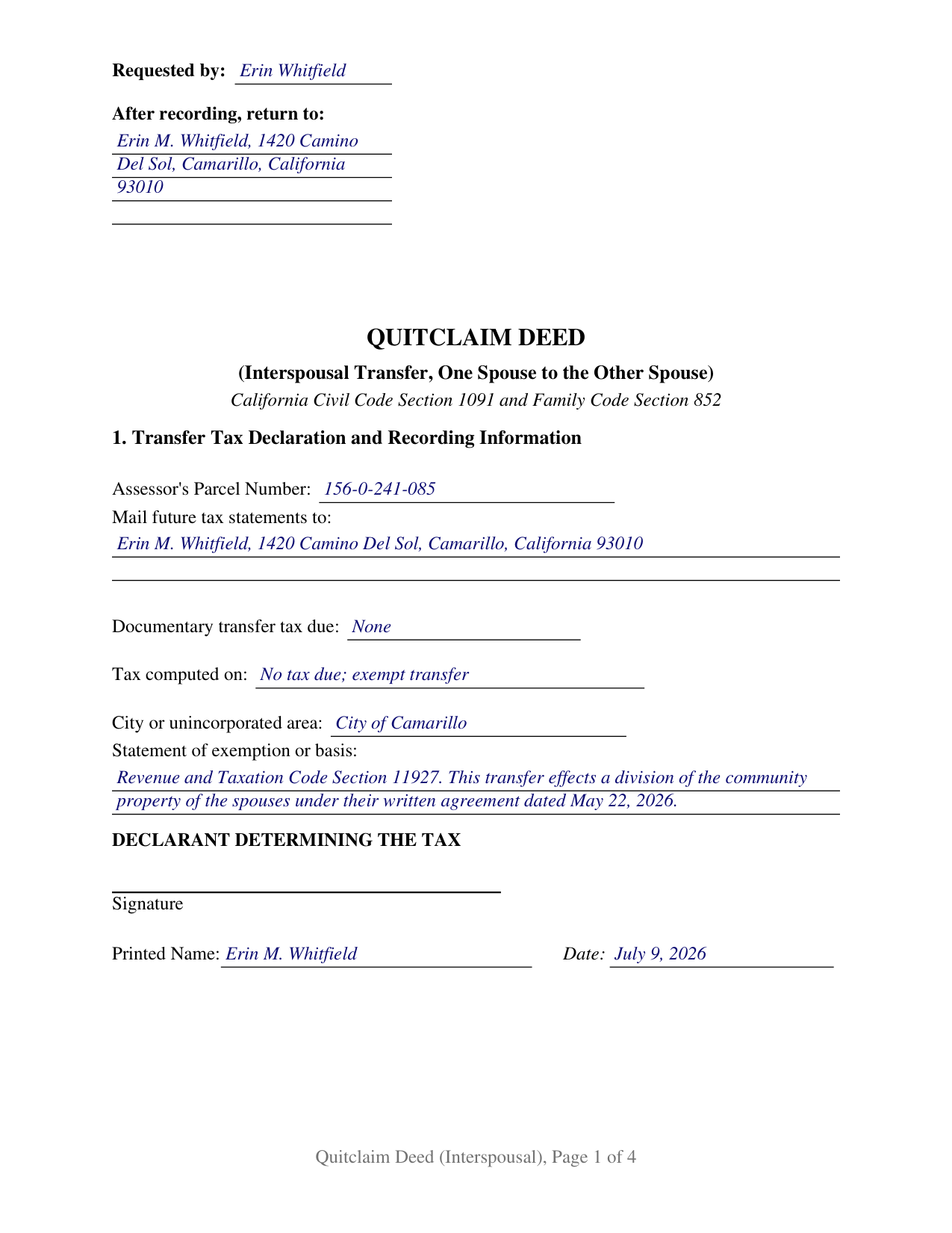 San Francisco County Completed Example of the Quitclaim Deed (Interspousal) Document