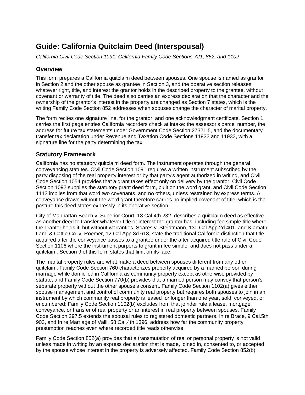 San Francisco County Quitclaim Deed (Interspousal) Guide
