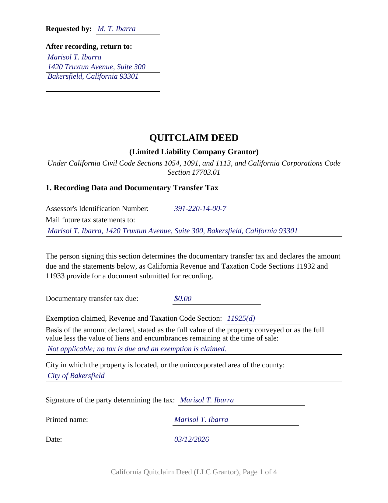 Yolo County Completed Example of the Quitclaim Deed (LLC Grantor) Document