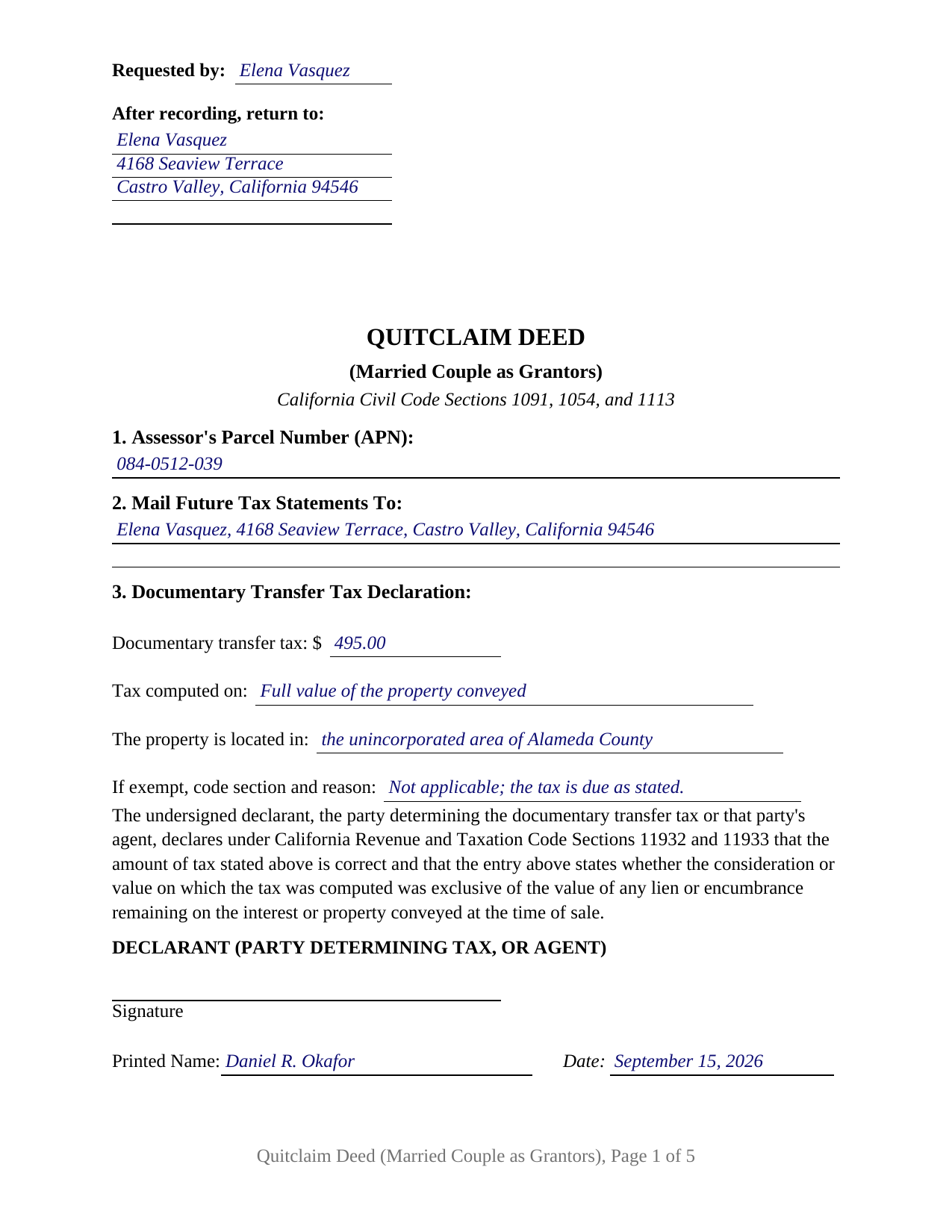 Contra Costa County Completed Example of the Quitclaim Deed (Married Couple as Grantors) Document