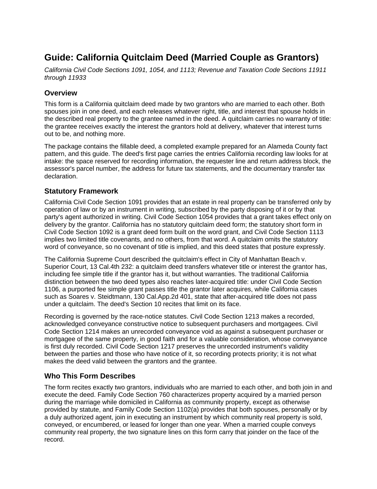 Contra Costa County Quitclaim Deed (Married Couple as Grantors) Guide