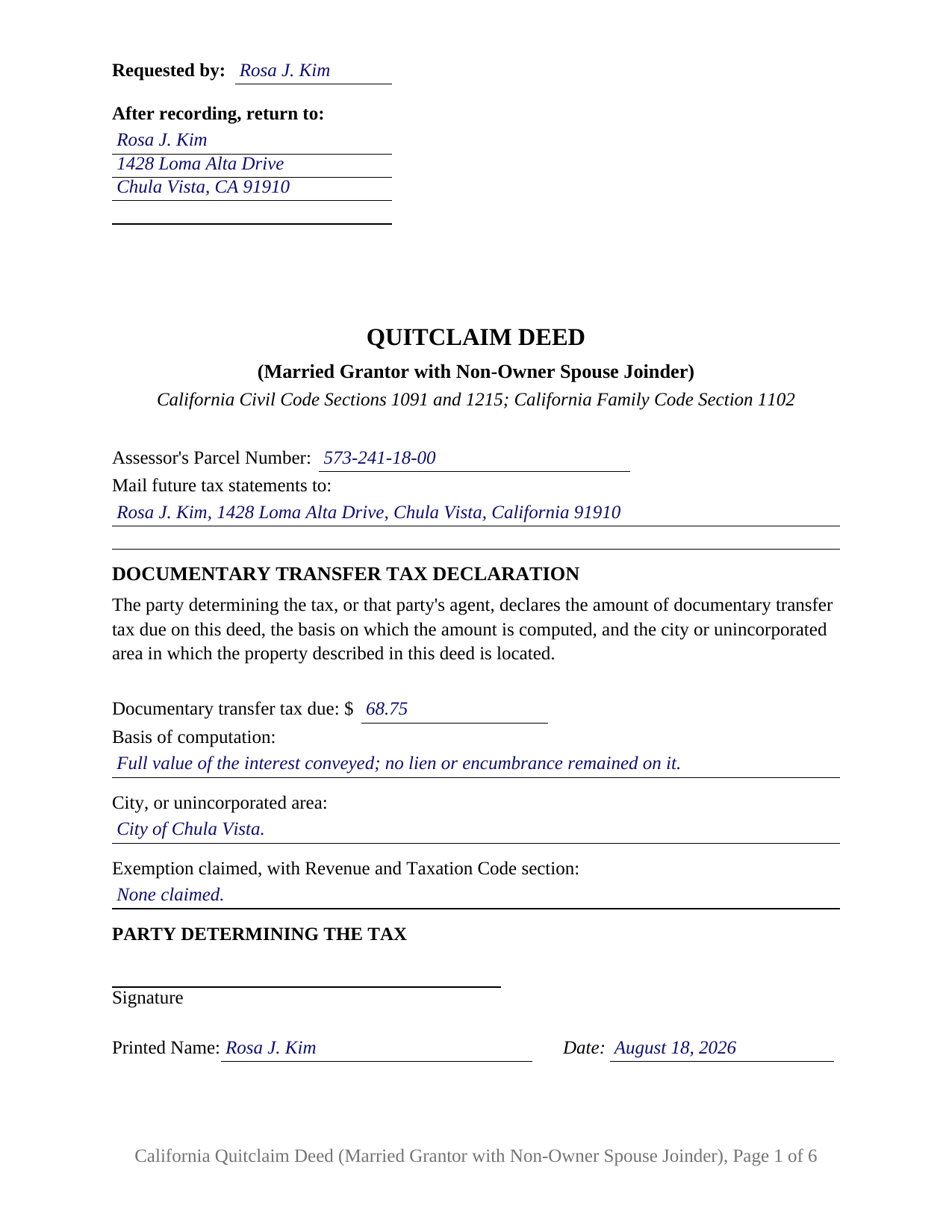 San Francisco County Completed Example of the Quitclaim Deed (Married Grantor with Non-Owner Spouse Joinder) Document