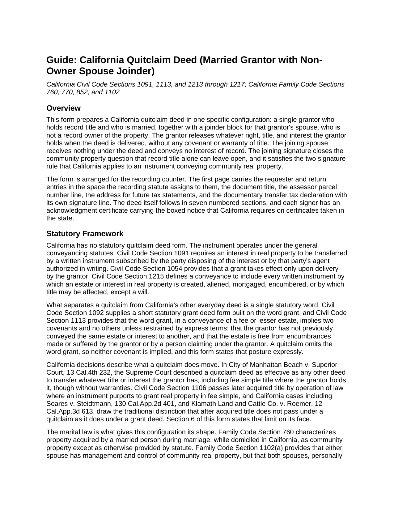 San Francisco County Quitclaim Deed (Married Grantor with Non-Owner Spouse Joinder) Guide