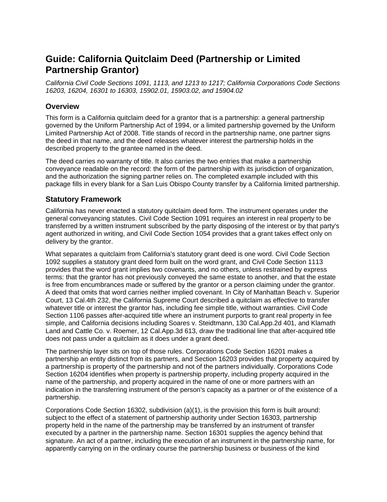 Sutter County Quitclaim Deed (Partnership or Limited Partnership Grantor) Guide