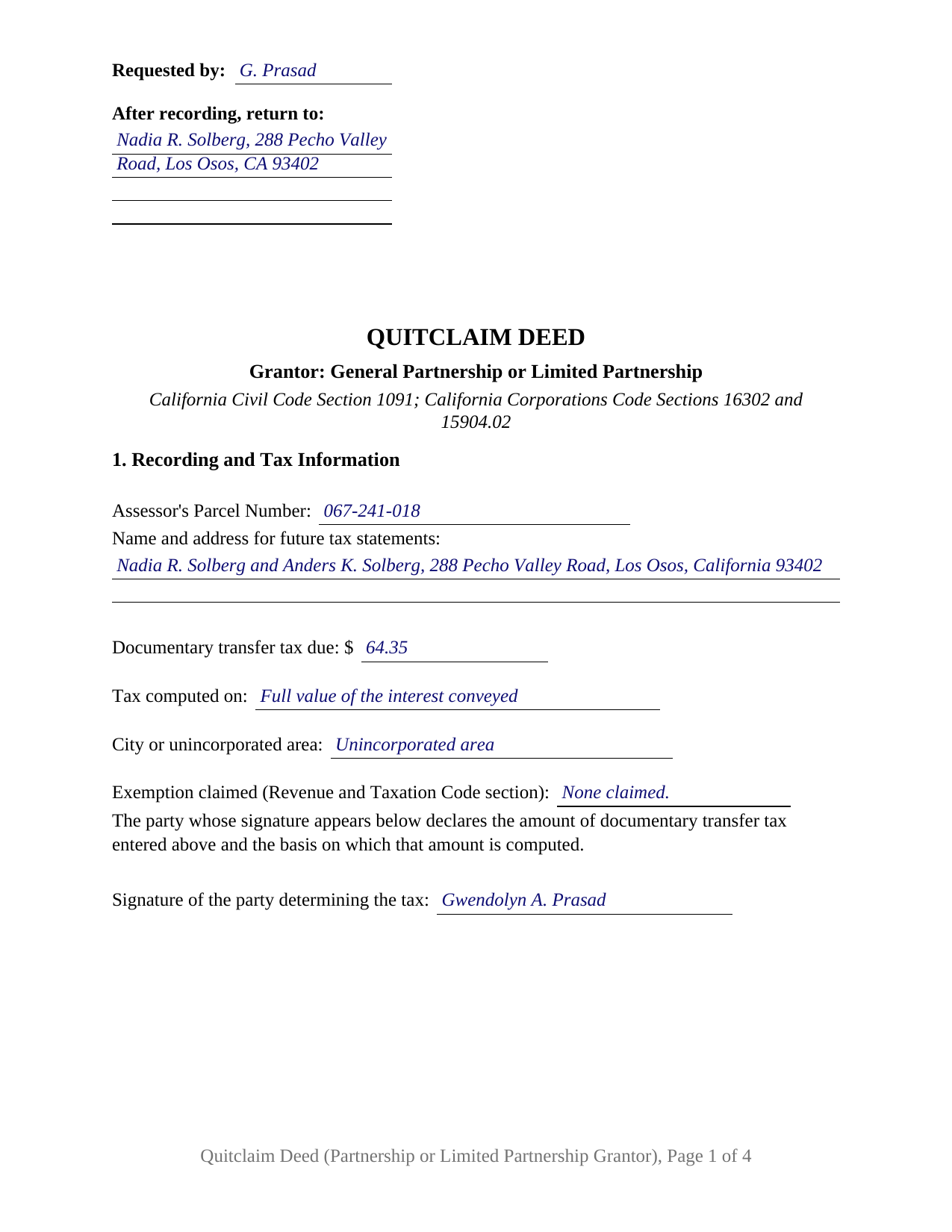 Sutter County Completed Example of the Quitclaim Deed (Partnership or Limited Partnership Grantor) Document