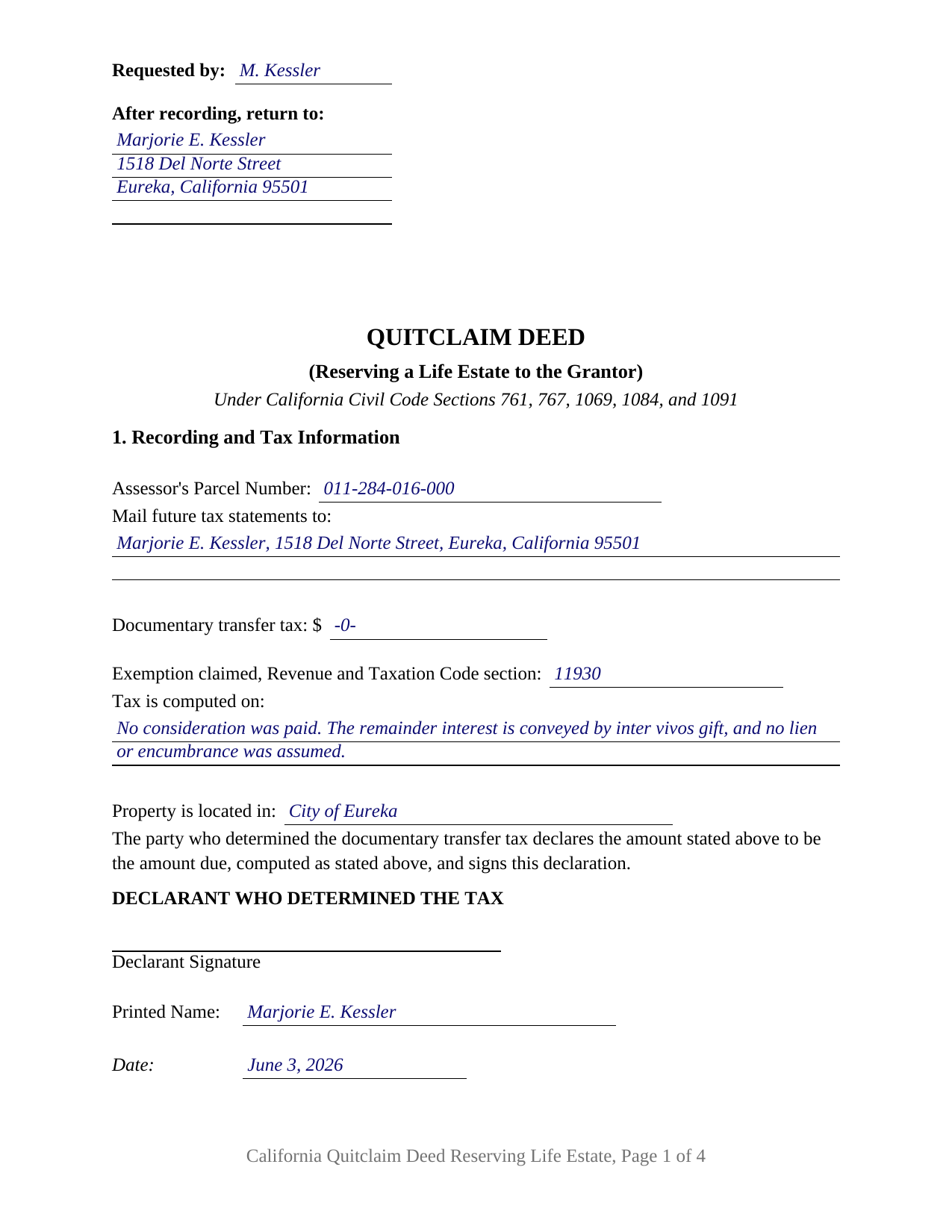 Monterey County Completed Example of the Quitclaim Deed (Reserving Life Estate) Document