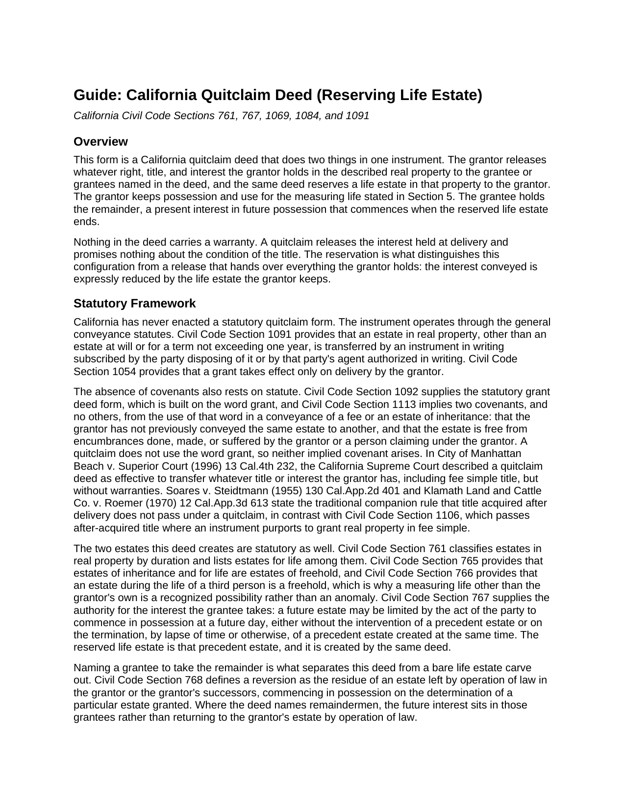 Monterey County Quitclaim Deed (Reserving Life Estate) Guide