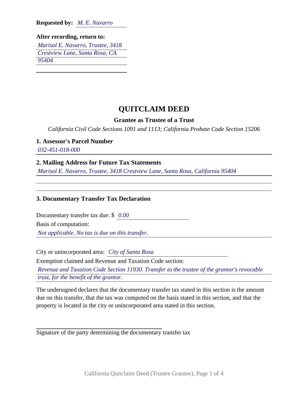 Tulare County Completed Example of the Quitclaim Deed (Trustee Grantee) Document