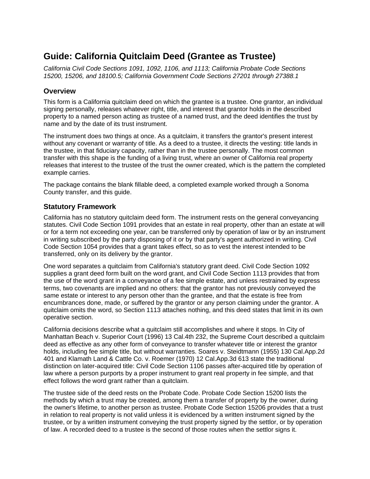 Tulare County Quitclaim Deed (Trustee Grantee) Guide