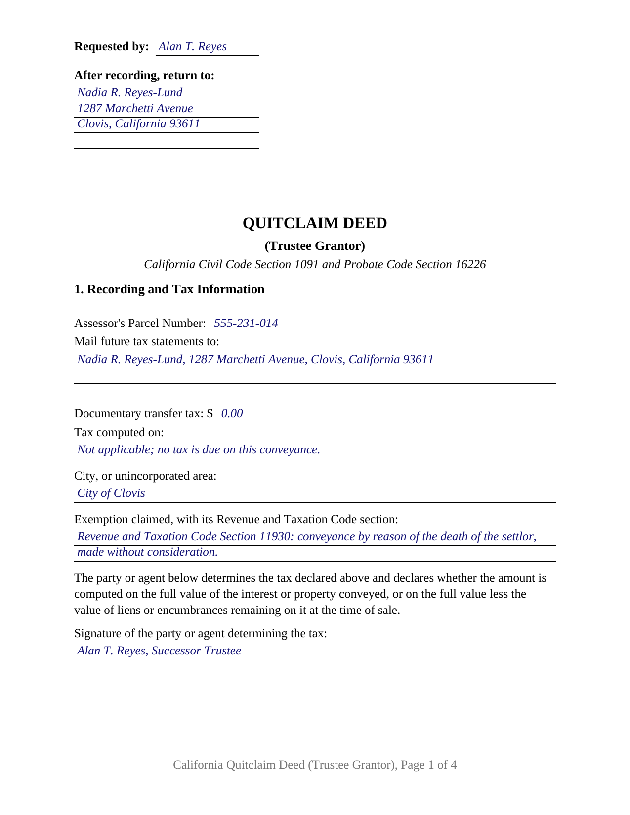 Plumas County Completed Example of the Quitclaim Deed (Trustee Grantor) Document