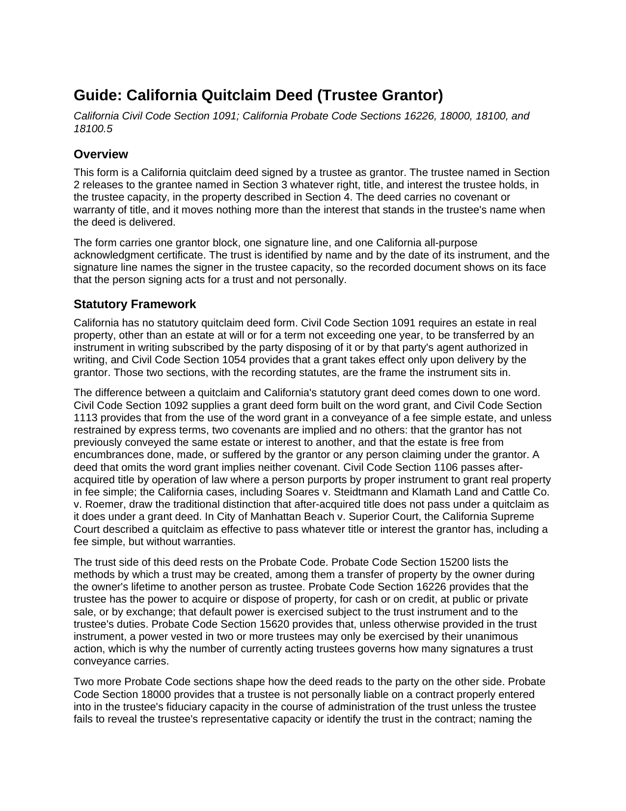 Plumas County Quitclaim Deed (Trustee Grantor) Guide