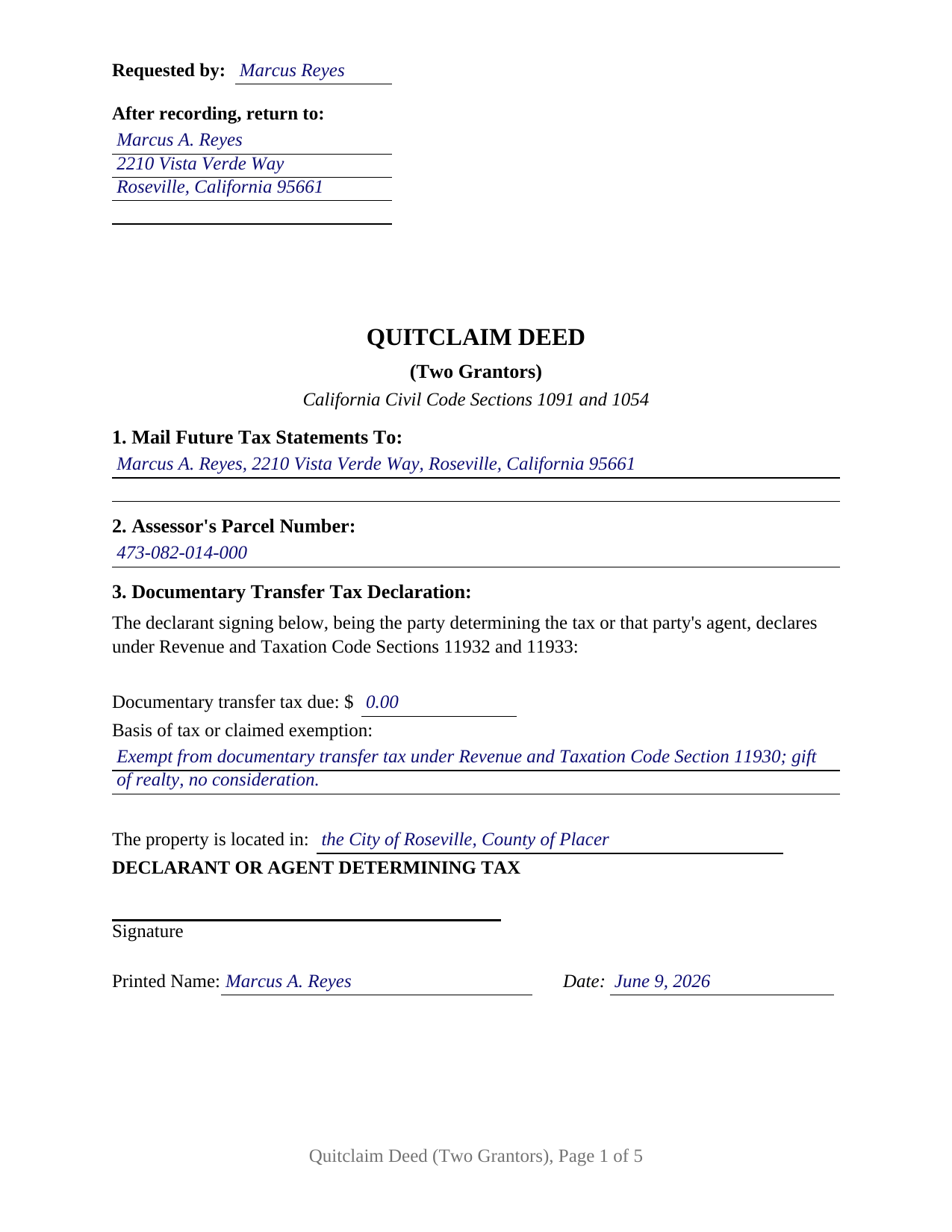 Contra Costa County Completed Example of the Quitclaim Deed (Two Grantors) Document