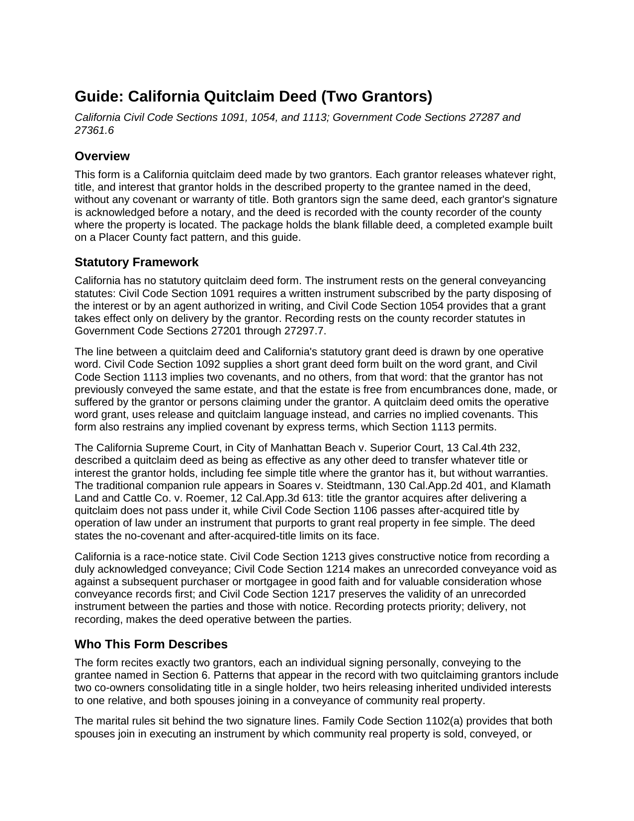 Contra Costa County Quitclaim Deed (Two Grantors) Guide