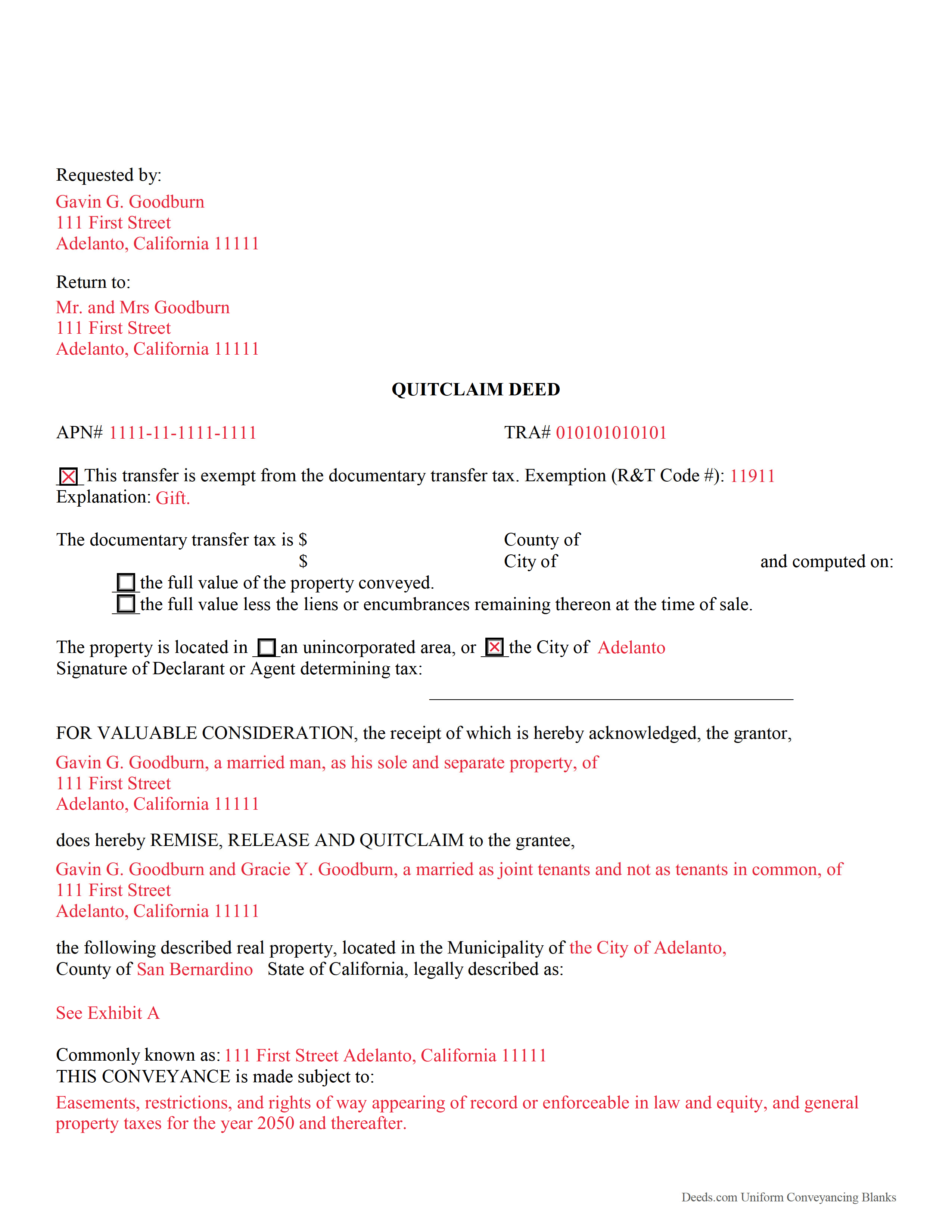 Completed Example of the Quitclaim Deed Document