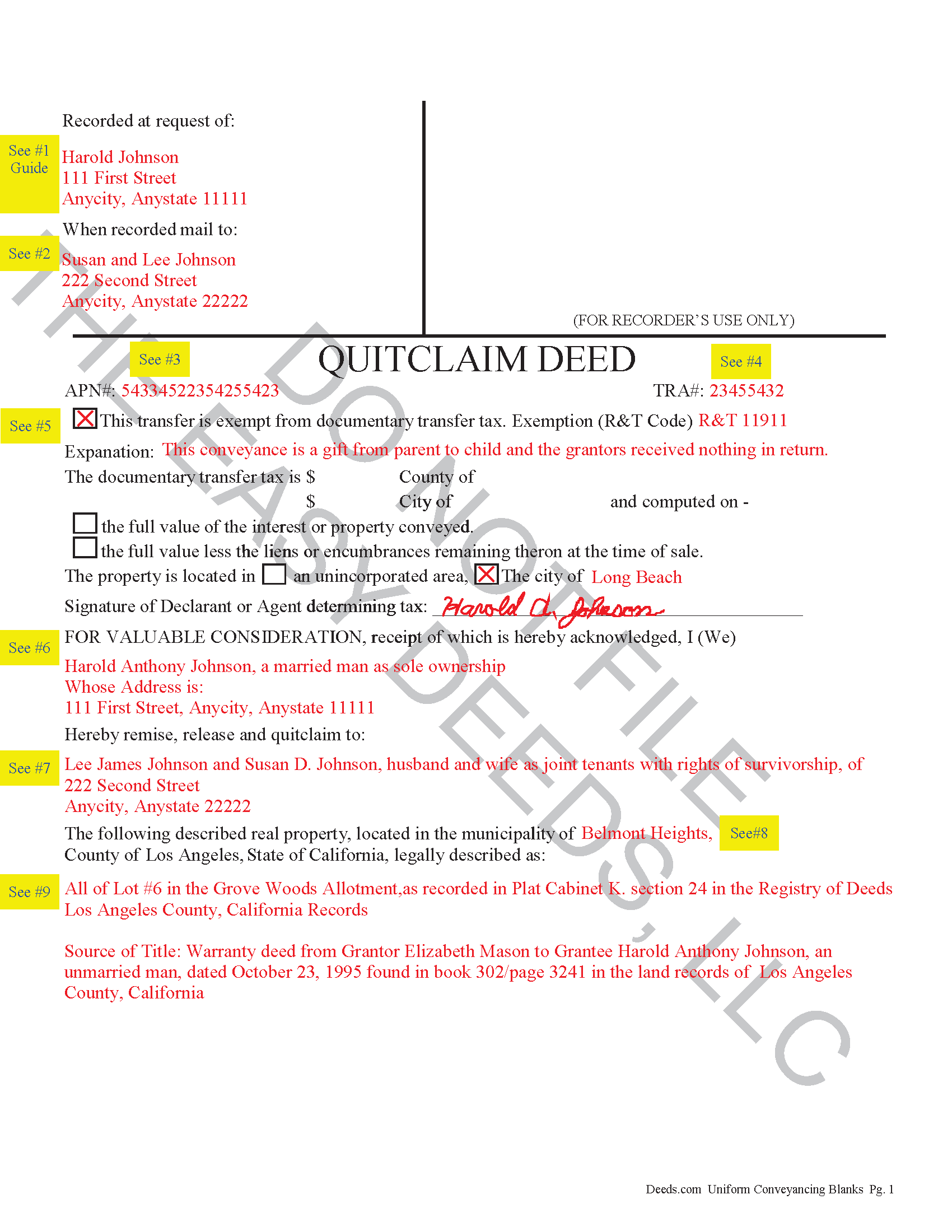 Completed Example of the Quitclaim Deed Document