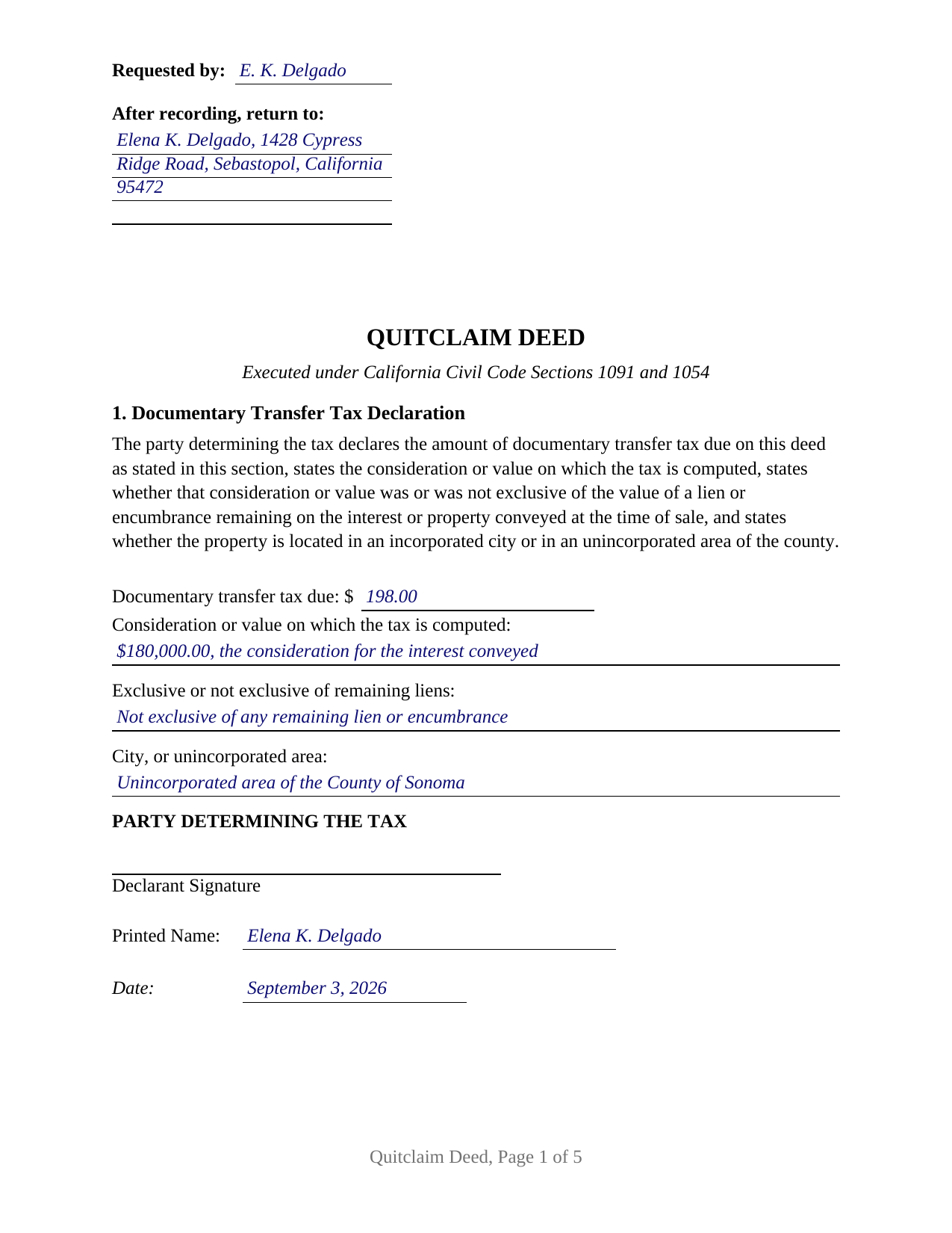 Tuolumne County Completed Example of the Quitclaim Deed Document