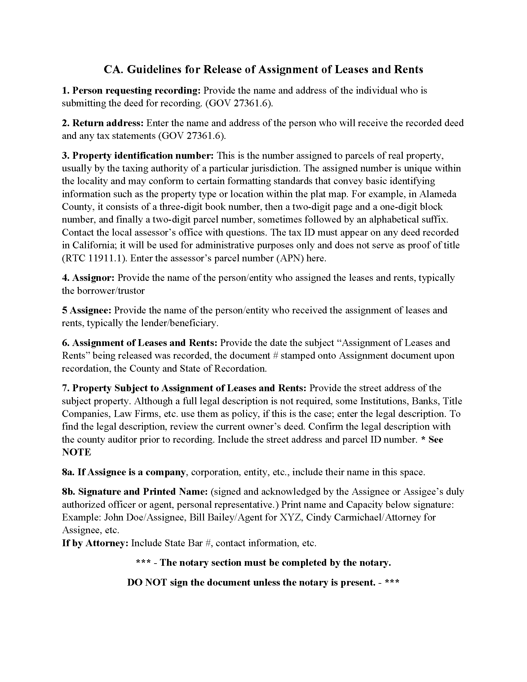 San Joaquin County Guidelines for Release of Assignment of Leases and Rents