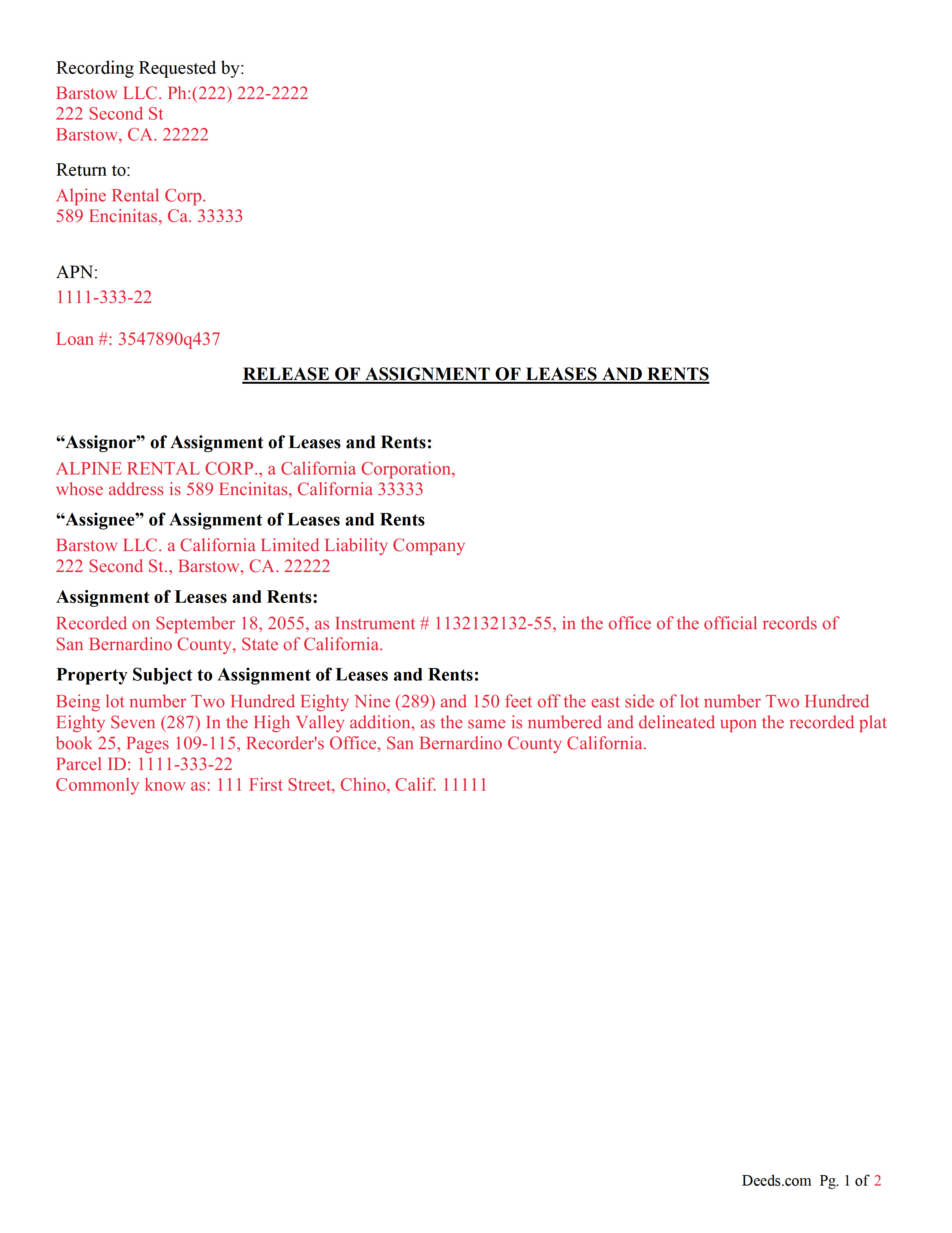 Completed Example of a Release of Assignment of Leases and Rents Document
