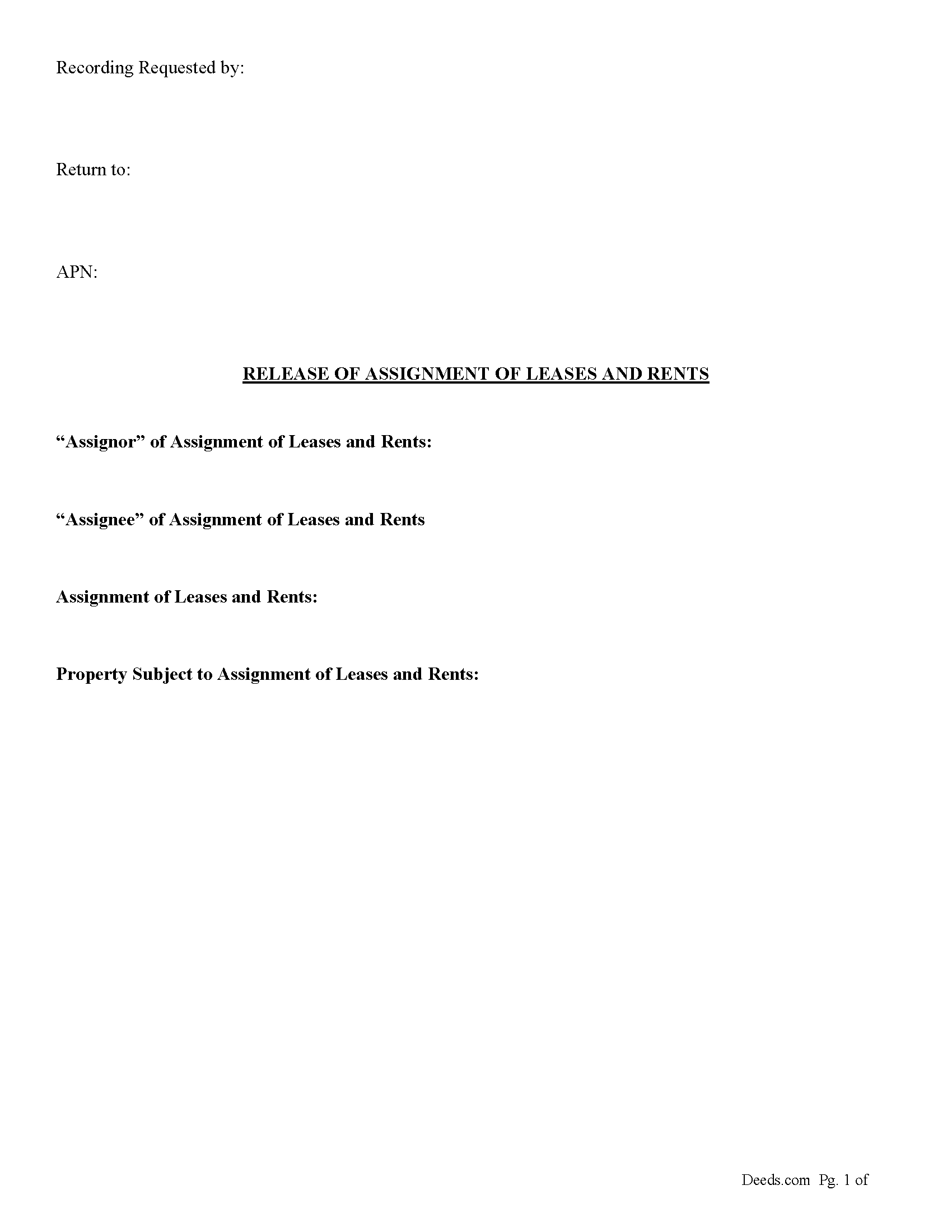 San Joaquin County Release of Assignment of Leases and Rents Form