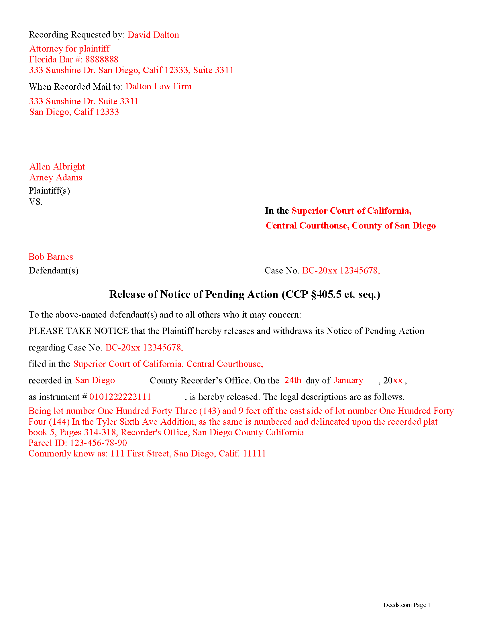 Completed Example of the Release of Notice of Pending Action Document