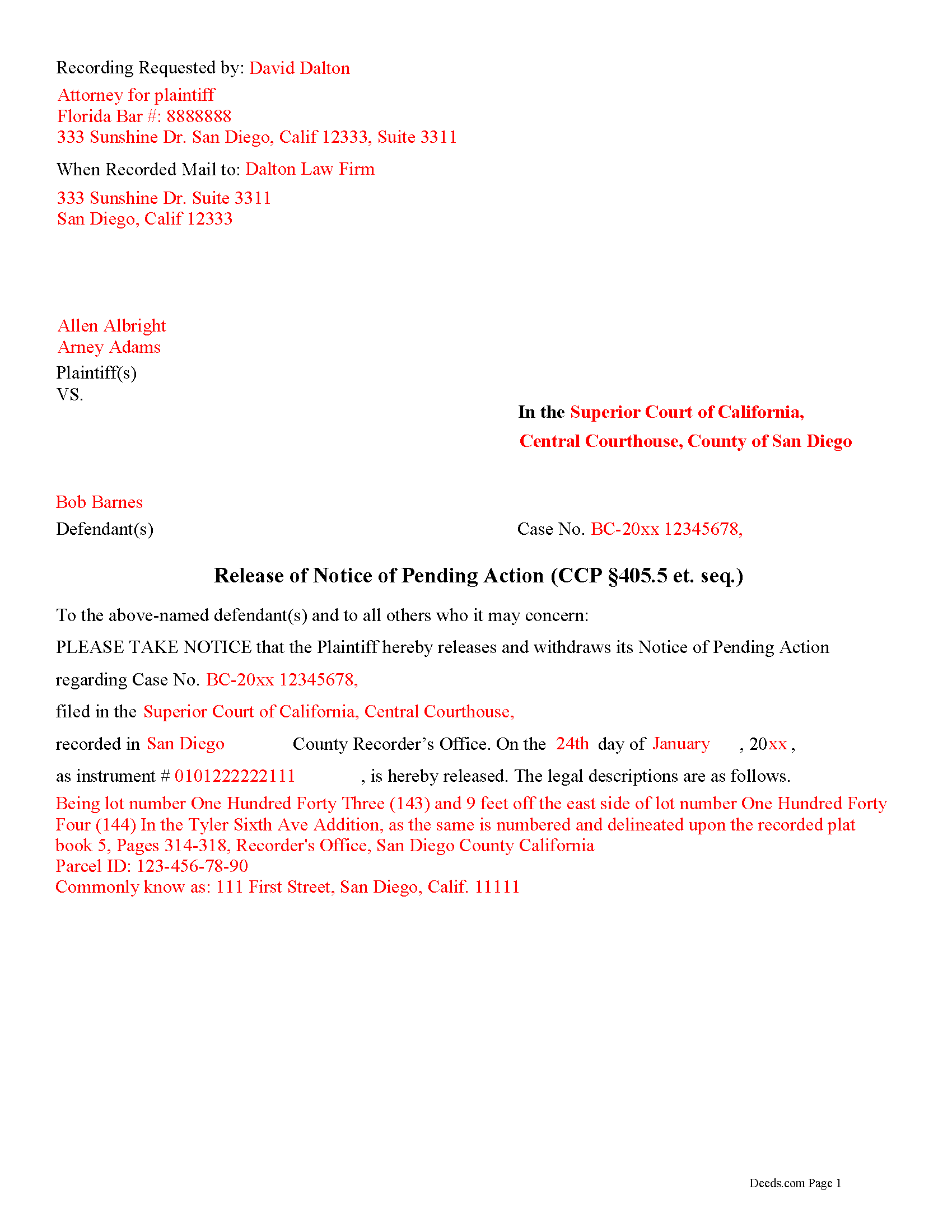 Stanislaus County Completed Example of the Release of Notice of Pending Action Document