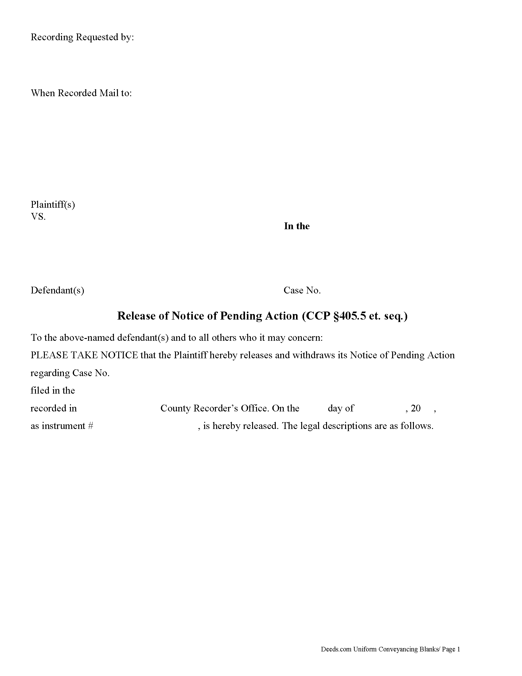 Stanislaus County Release of Notice of Pending Action Form
