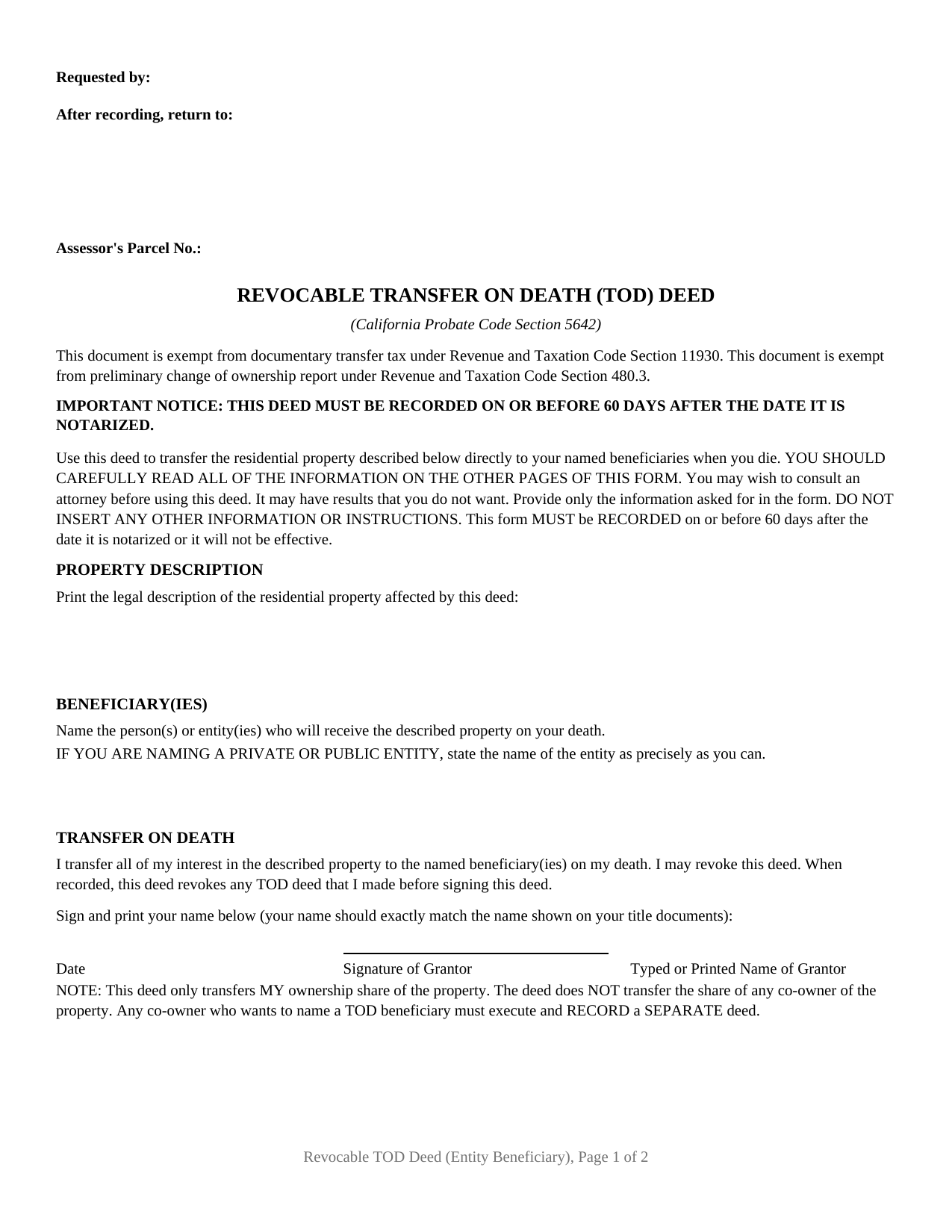 Yuba County Revocable Transfer on Death Deed (Entity Beneficiary) Form