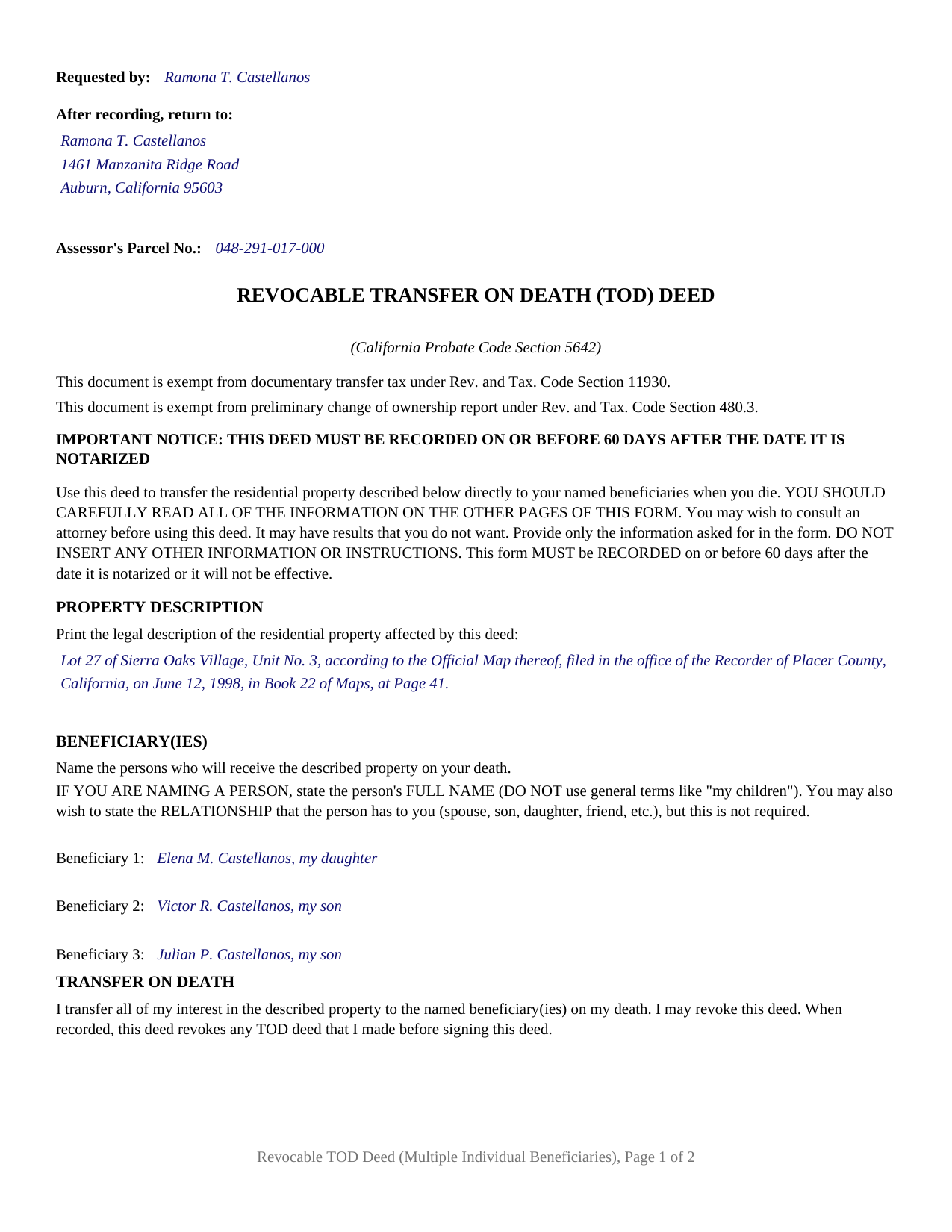 Tehama County Completed Example of the Revocable Transfer on Death Deed (Multiple Individual Beneficiaries) Document