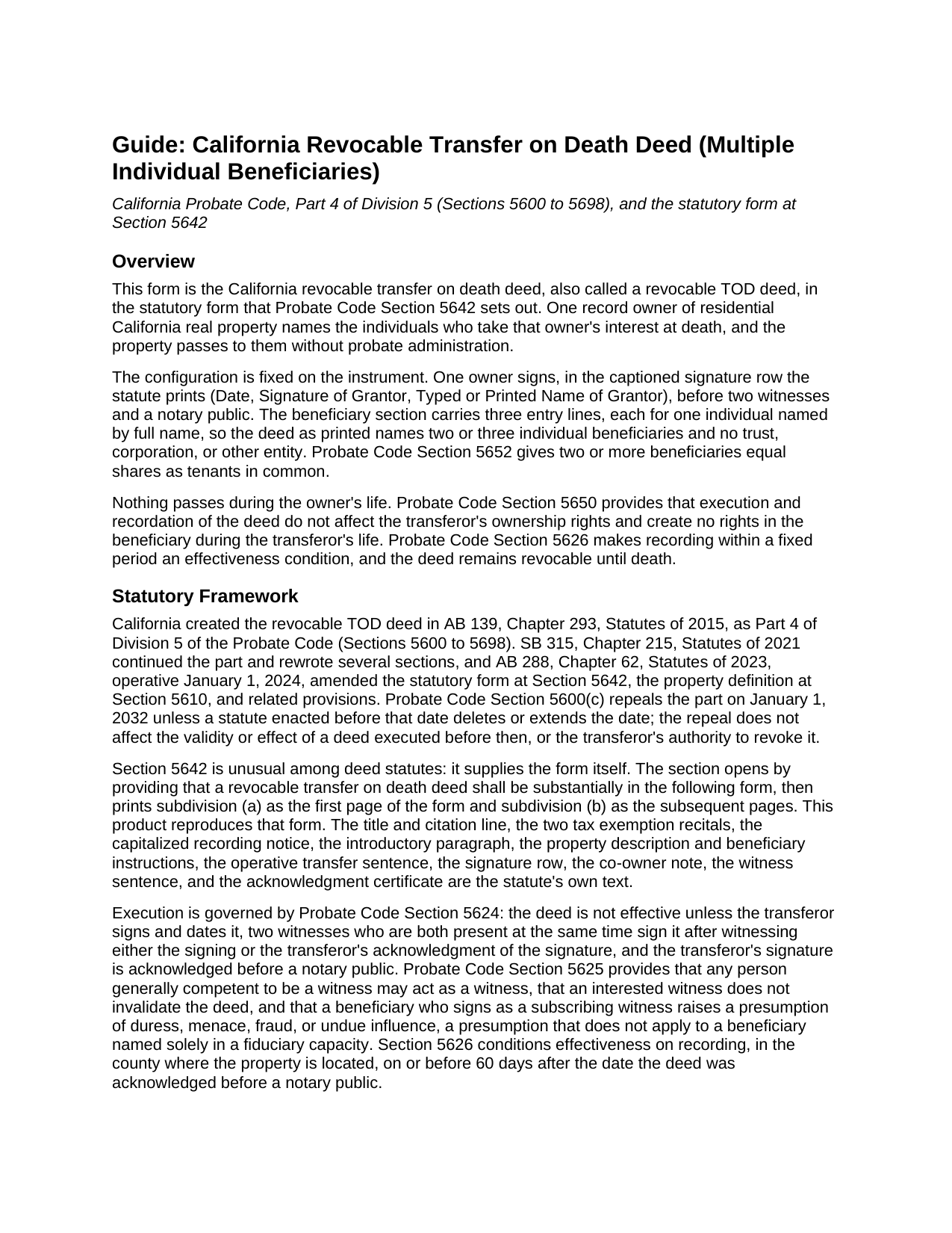Tehama County Revocable Transfer on Death Deed (Multiple Individual Beneficiaries) Guide