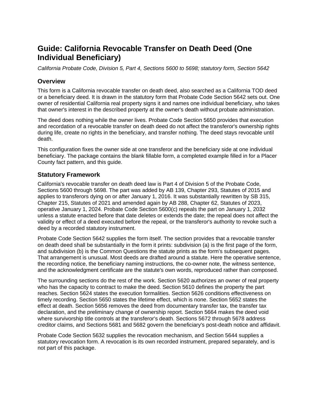 Contra Costa County Revocable Transfer on Death Deed (One Individual Beneficiary) Guide