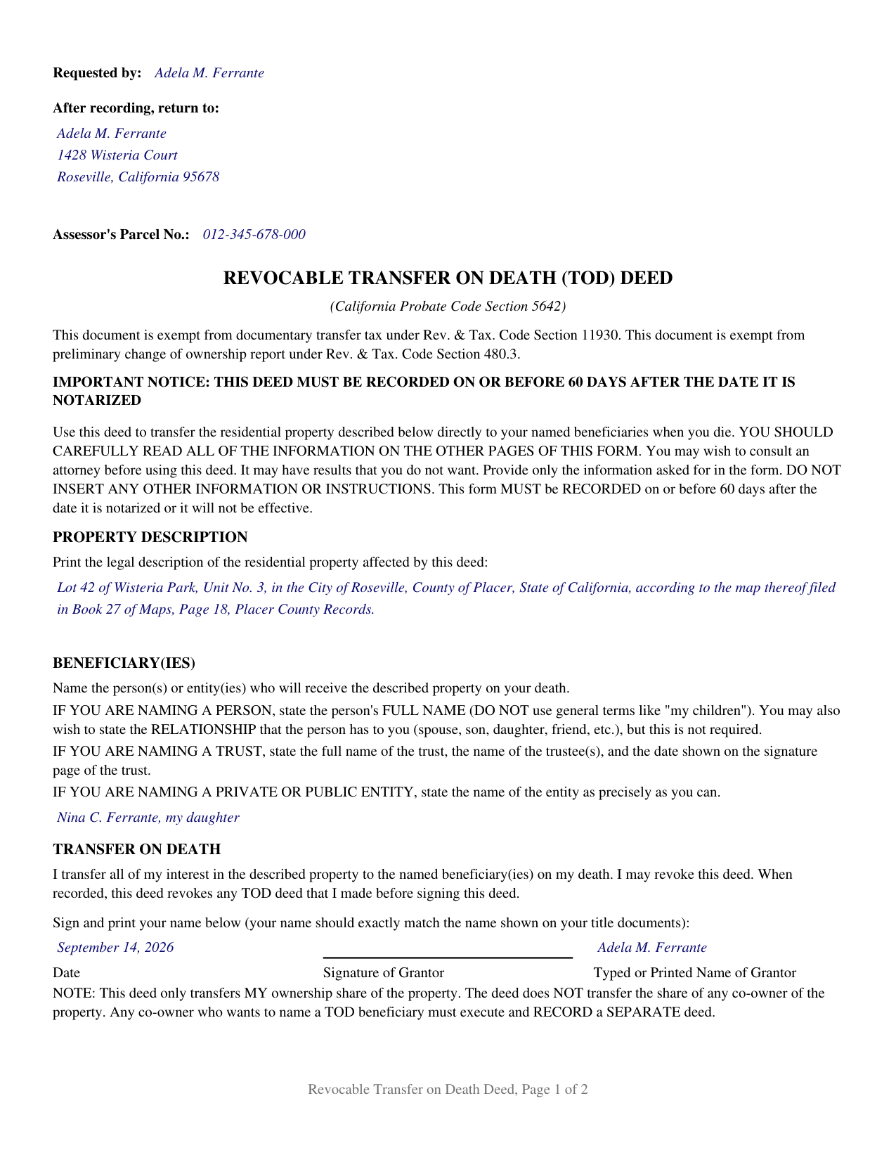 Contra Costa County Completed Example of the Revocable Transfer on Death Deed (One Individual Beneficiary) Document
