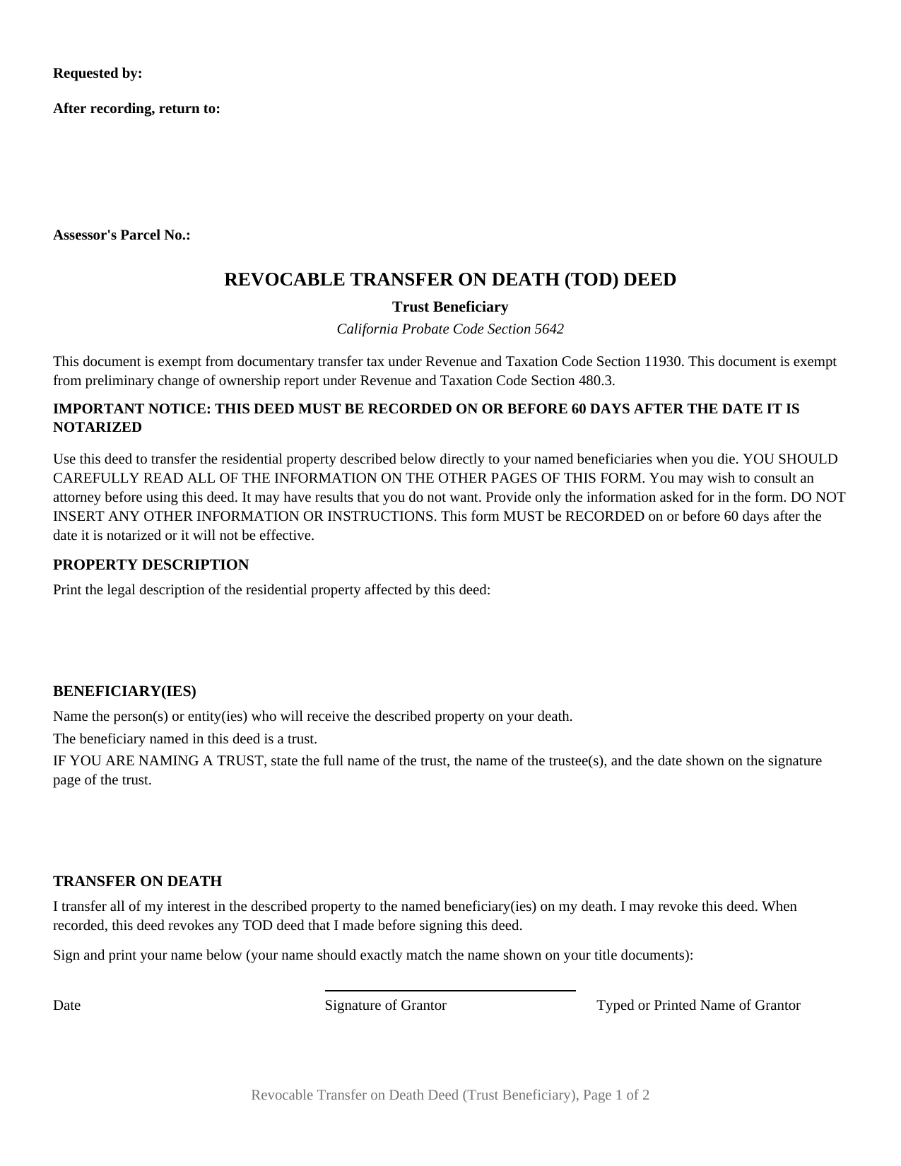 Napa County Revocable Transfer on Death Deed (Trust Beneficiary) Form