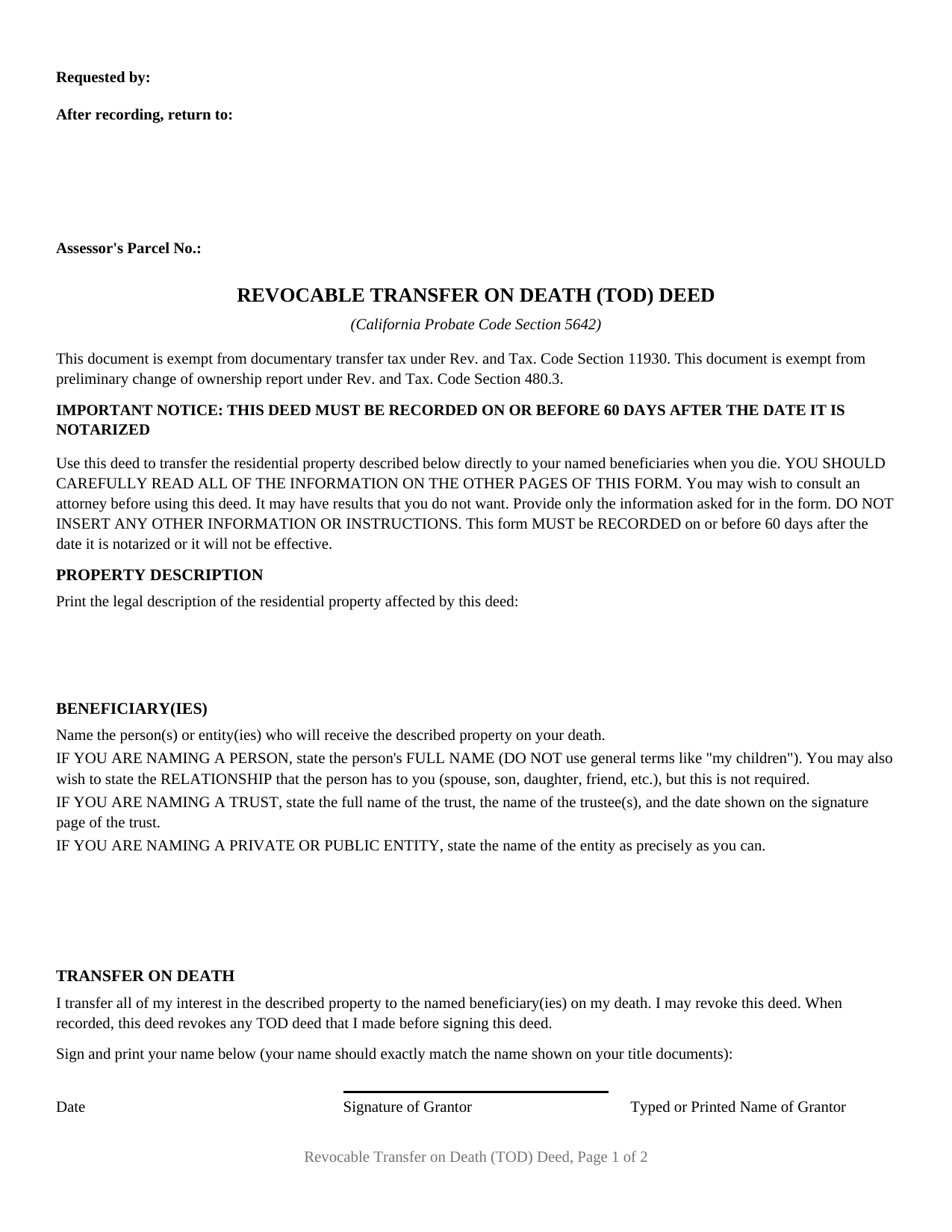 Sutter County Revocable Transfer on Death Deed Form